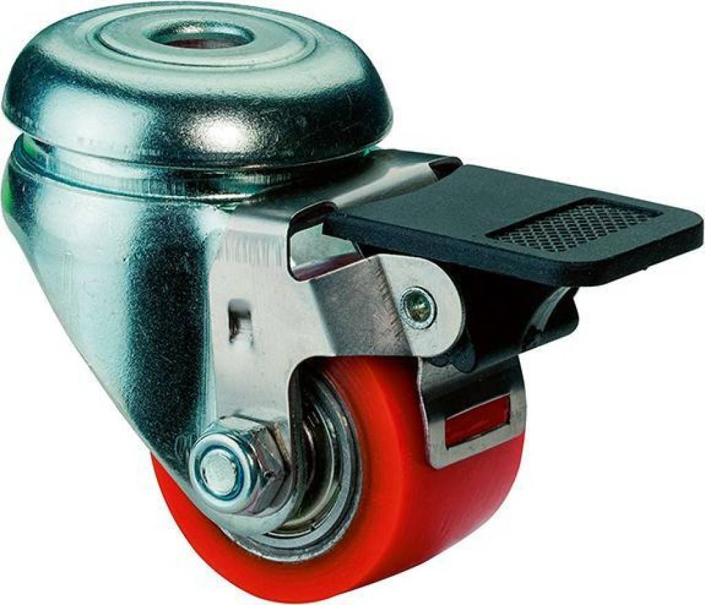 Lenkrolle mit rotem Rad und schwarzer Fußbremse auf einer Metallmontageplatte.