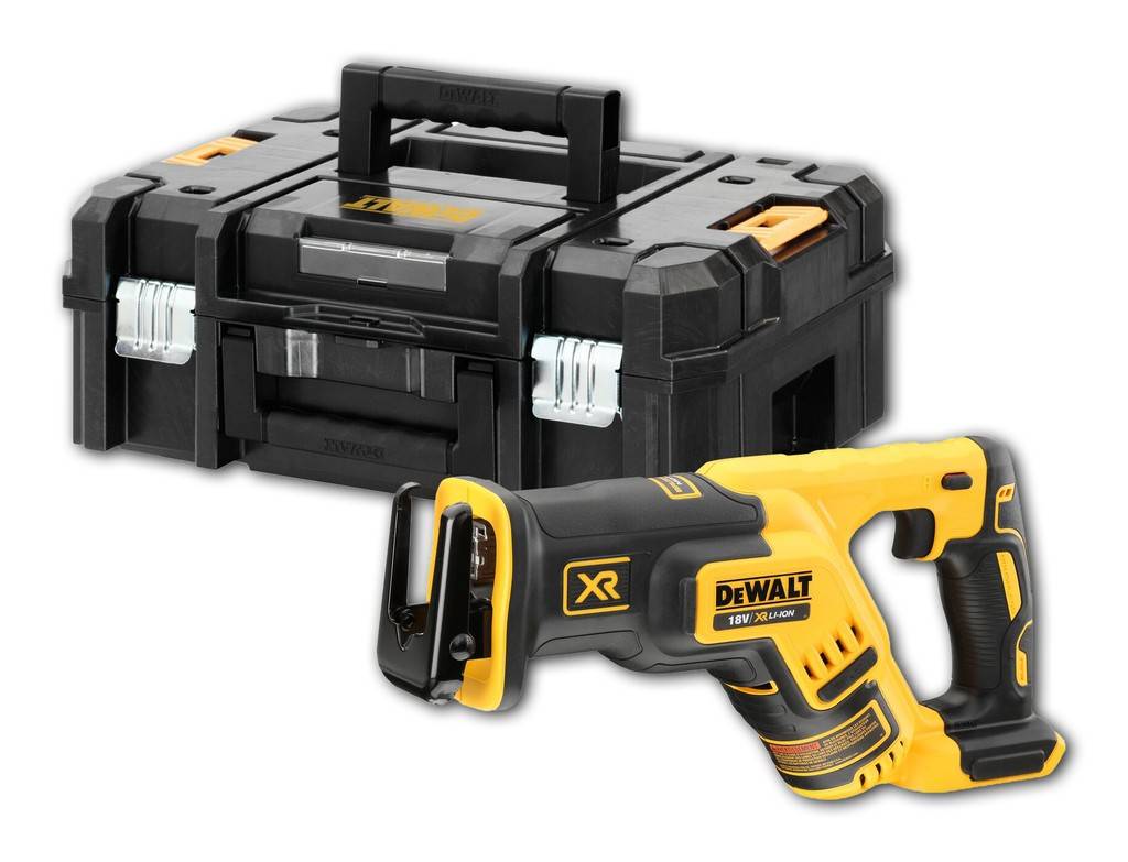 DeWalt-Akku-Säbelsäge vor einer schwarzen Hartschalenaufbewahrungstasche auf weißem Hintergrund dargestellt.