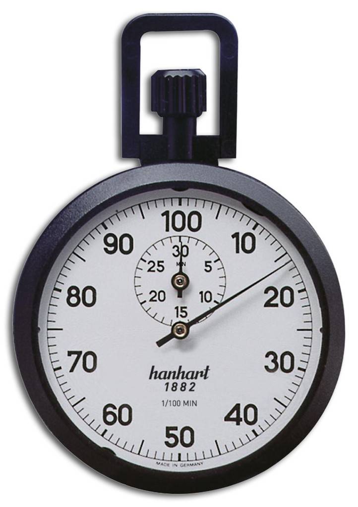 Analog-Stoppuhr mit etwa 15 Sekunden Laufzeit, schwarzem Gehäuse und großem weißem Zifferblatt mit der Beschriftung „hanhart 1882