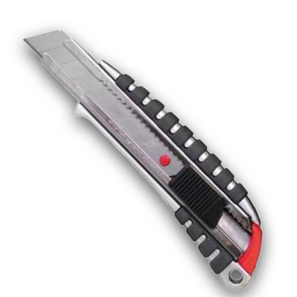 CuttermesserAusführung Aluminium-Druckgussgehäuse mit Metall-Klingenführung Fixierung der Klinge durch Drucktaste Mit Auto-Lock-Mechanismu