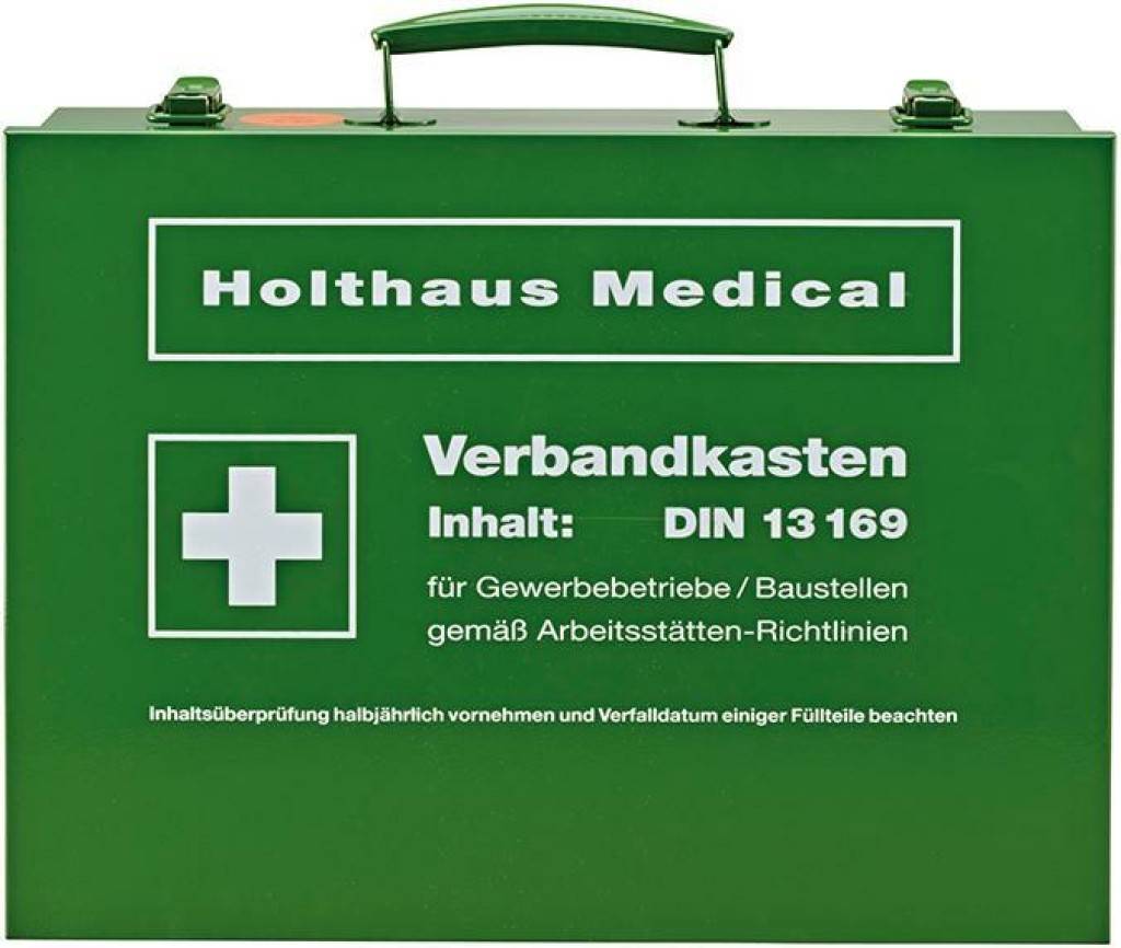 Verbandkasten DIN 13169Eigenschaften Stahlblechkasten, lackiert, grün Plombierbar Optional mit HalterungInhaltnach DIN 13169-E gemäß Beruf