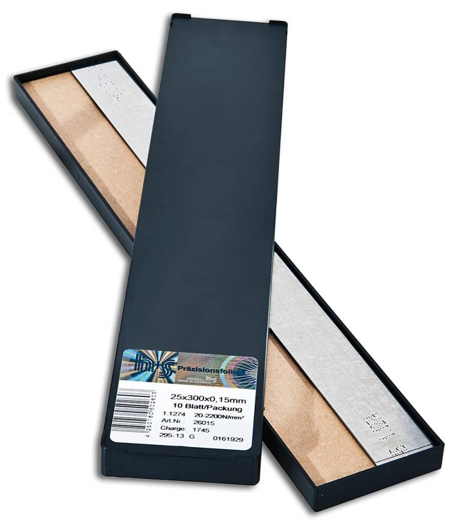 Metallfolie, Plattenwaren-Sortiment, StahlAusführung Metallfolien mit der Dickentoleranz T3 aus gehärtetem Federbandstahl 1.1274.Anwendung Für hoch