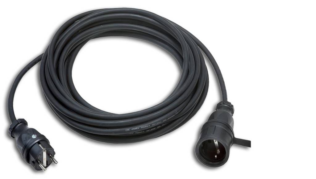 Verlängerungskabel, Gummi und GummiSchutzkontakt-Verlängerung 250 V, 16 ASchutzkontakt-Stecker und -KupplungKupplung mit KlappdeckelFür den Einsatz