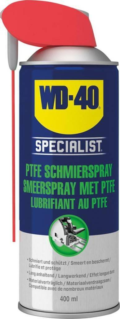 WD-40 Specialist PTFE-Schmierspray Enthält den Festschmierstoff PTFE Der verbleibende ölige Schmierfilm reduziert Reibung und Verschleiß und