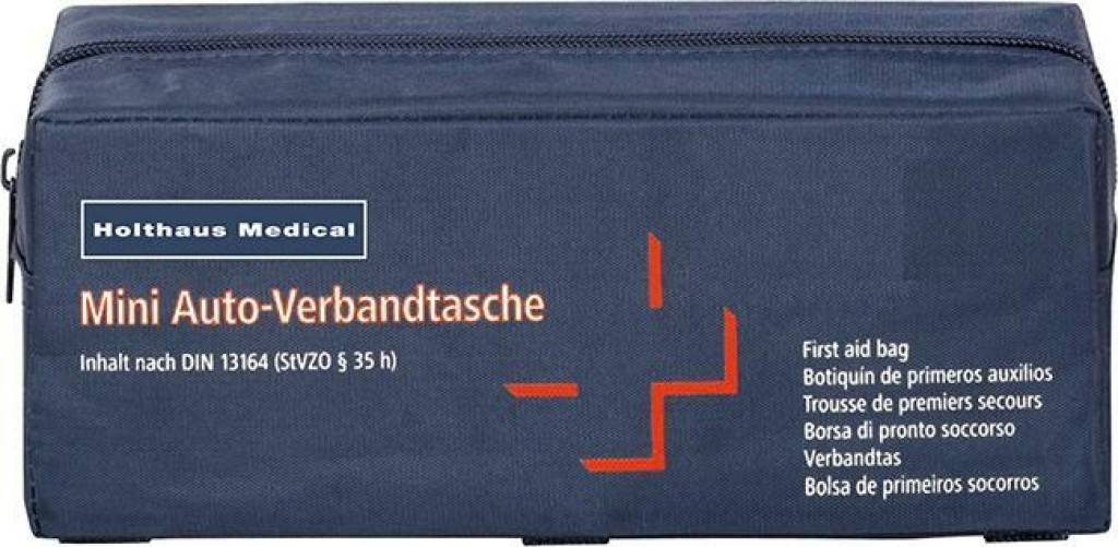 KFZ-Verbandtasche MiniEigenschaften Verbandtasche aus Nylon Mit umlaufendem Reißverschluss Zwei Klettbänder zur Fixierung im KofferraumInha