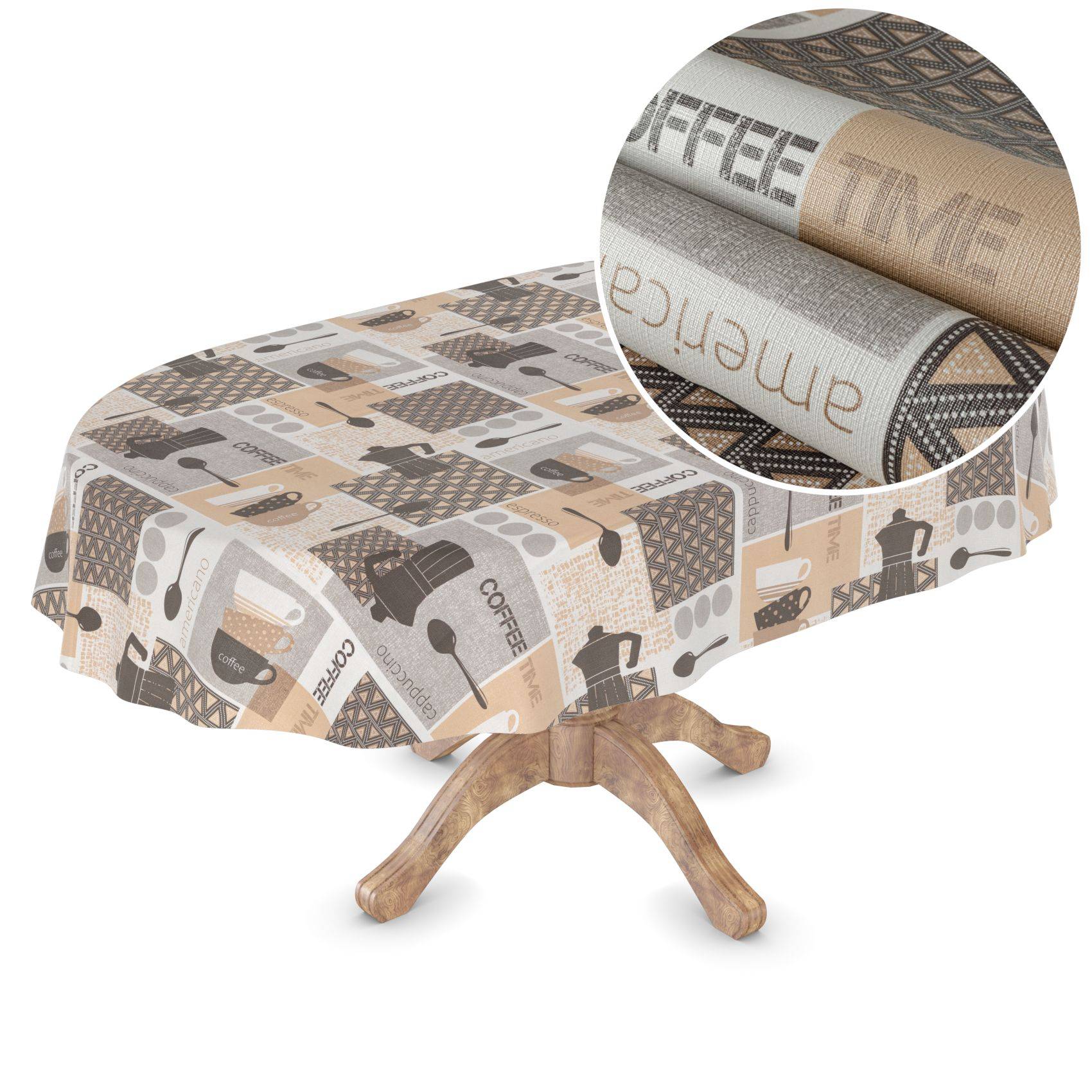 ANRO Tischdecke Kaffeehaus Beige 200 x 140 cm oval Schnittkante Wachstuch abwaschbar