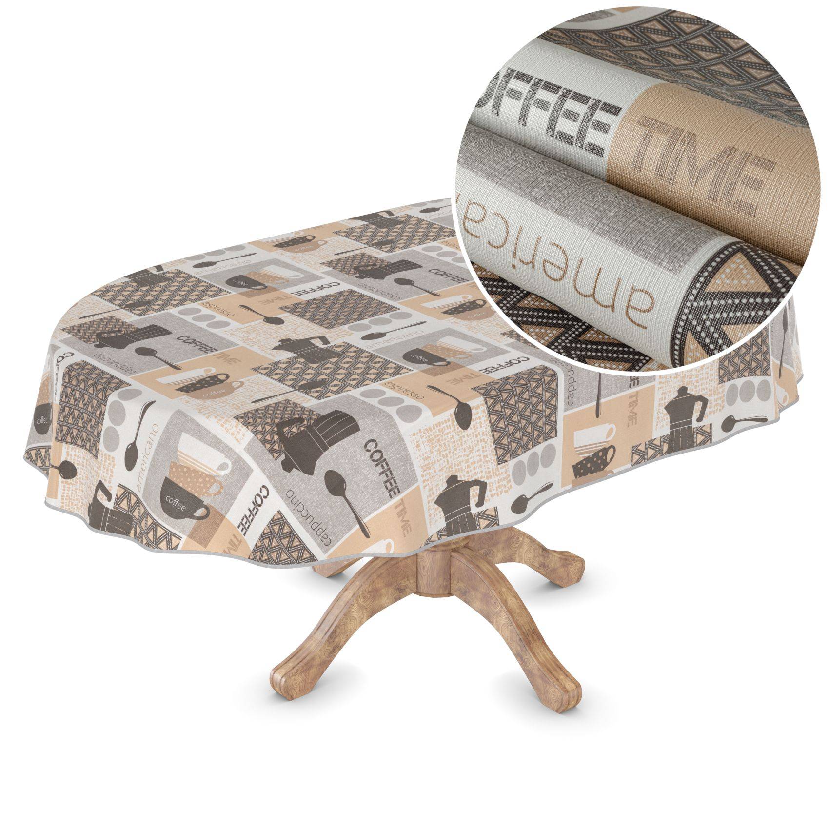 ANRO Tischdecke Kaffeehaus Beige 200 x 140 cm oval Schnittkante Wachstuch abwaschbar