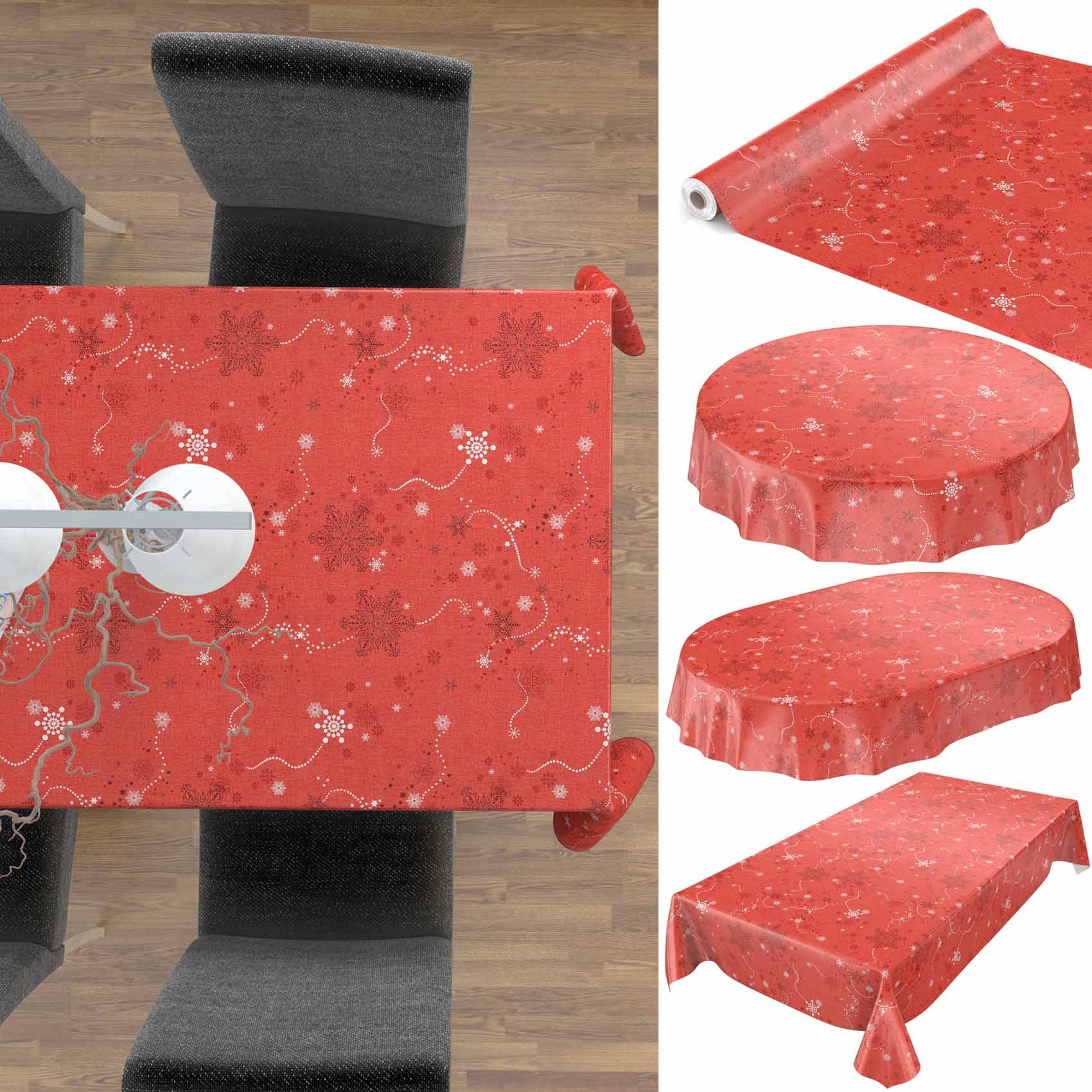 Rote Weihnachtstischdecke mit weißem Schneeflocken-Muster, gezeigt auf einem Esstisch und in drei Produktansichten für verschiedene Tischformen.