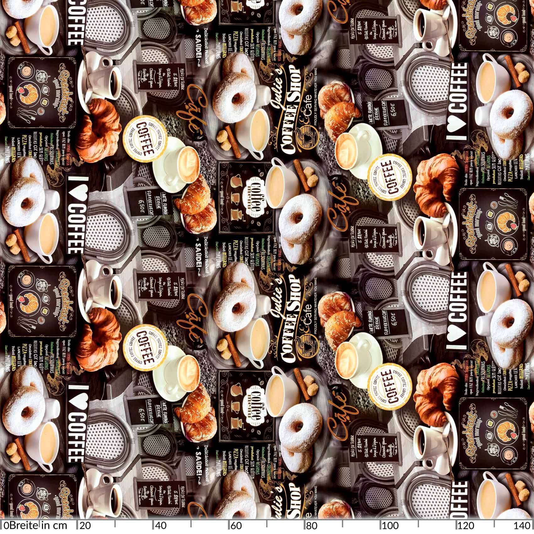 Nahtloses Kaffee-Muster mit Tassen, Donuts, Croissants und „I ♥ COFFEE"-Schildern auf dunklem Hintergrund.