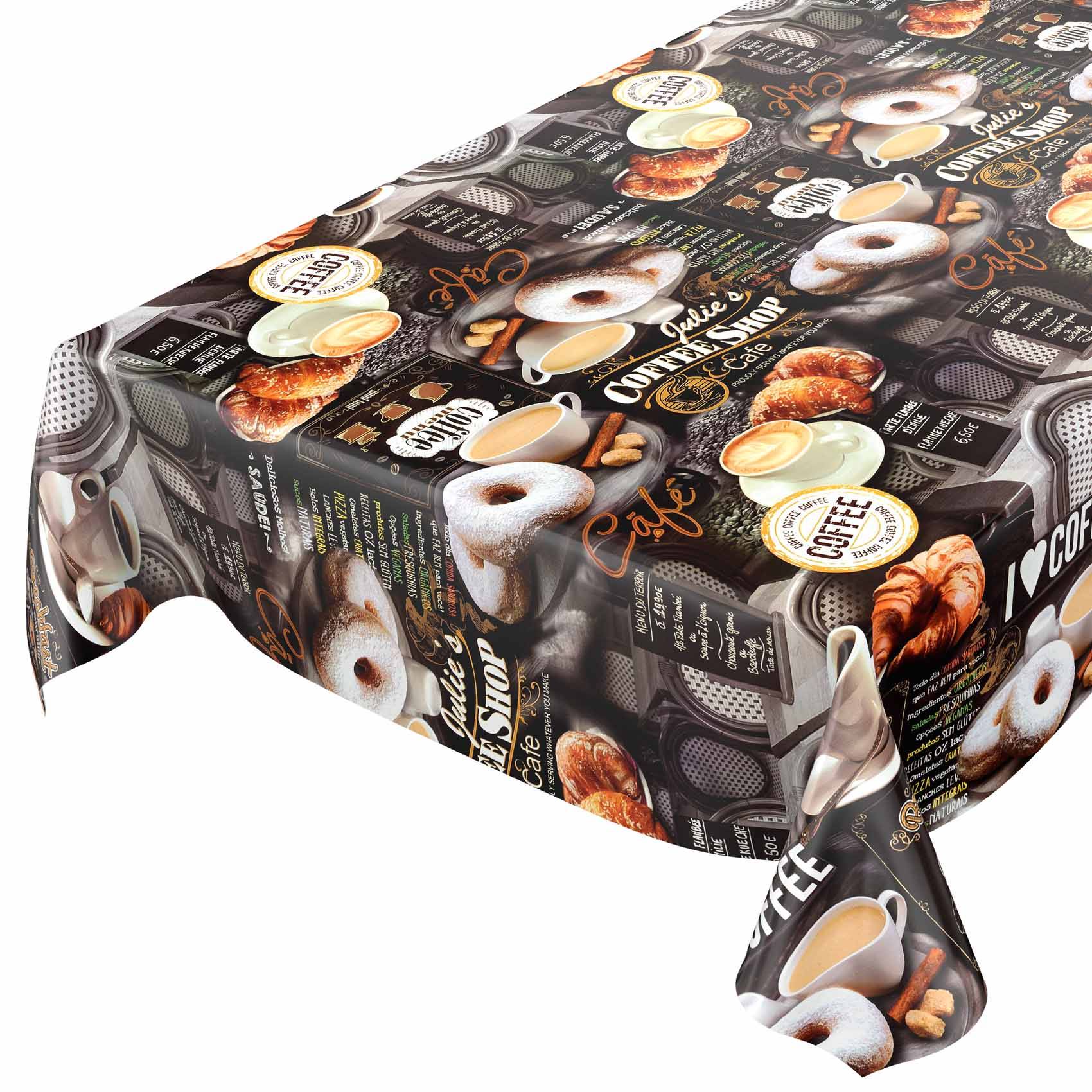 Eine Tischdecke mit Café-Motiven bedruckt, einschließlich Donuts, Croissants und Kaffeetassen auf dunklem Hintergrund.