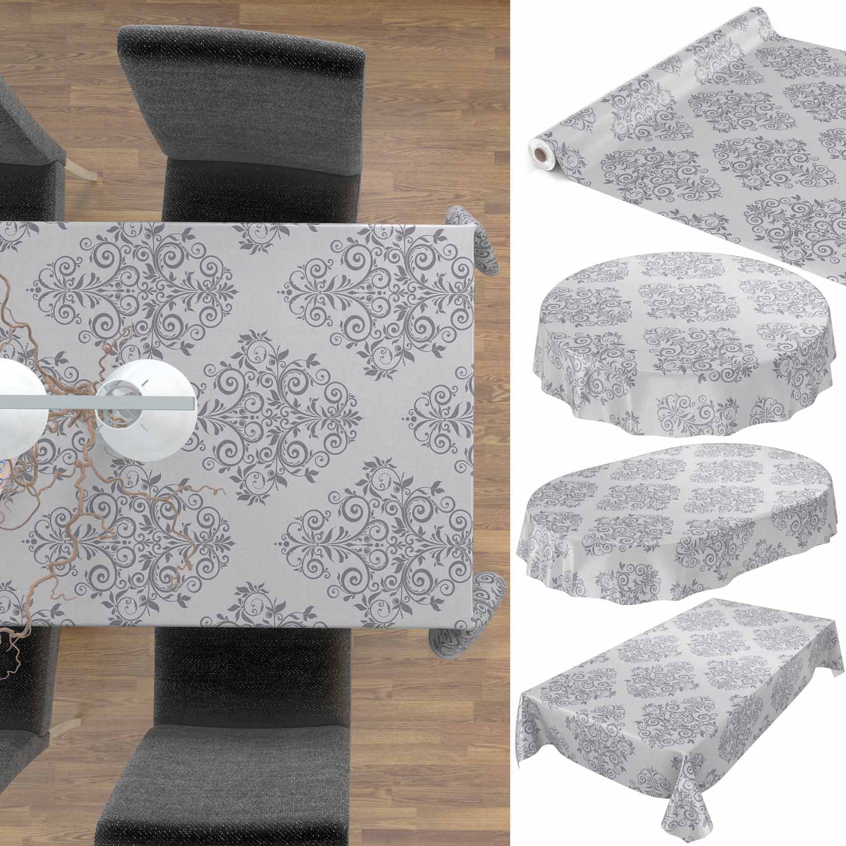 Dekorative graue Tischdecke mit Muster, die auf einem Esstisch gezeigt wird, mit Produktansichten, die ihre Form auf runden, ovalen und rechteckigen Tischen demonstrieren.