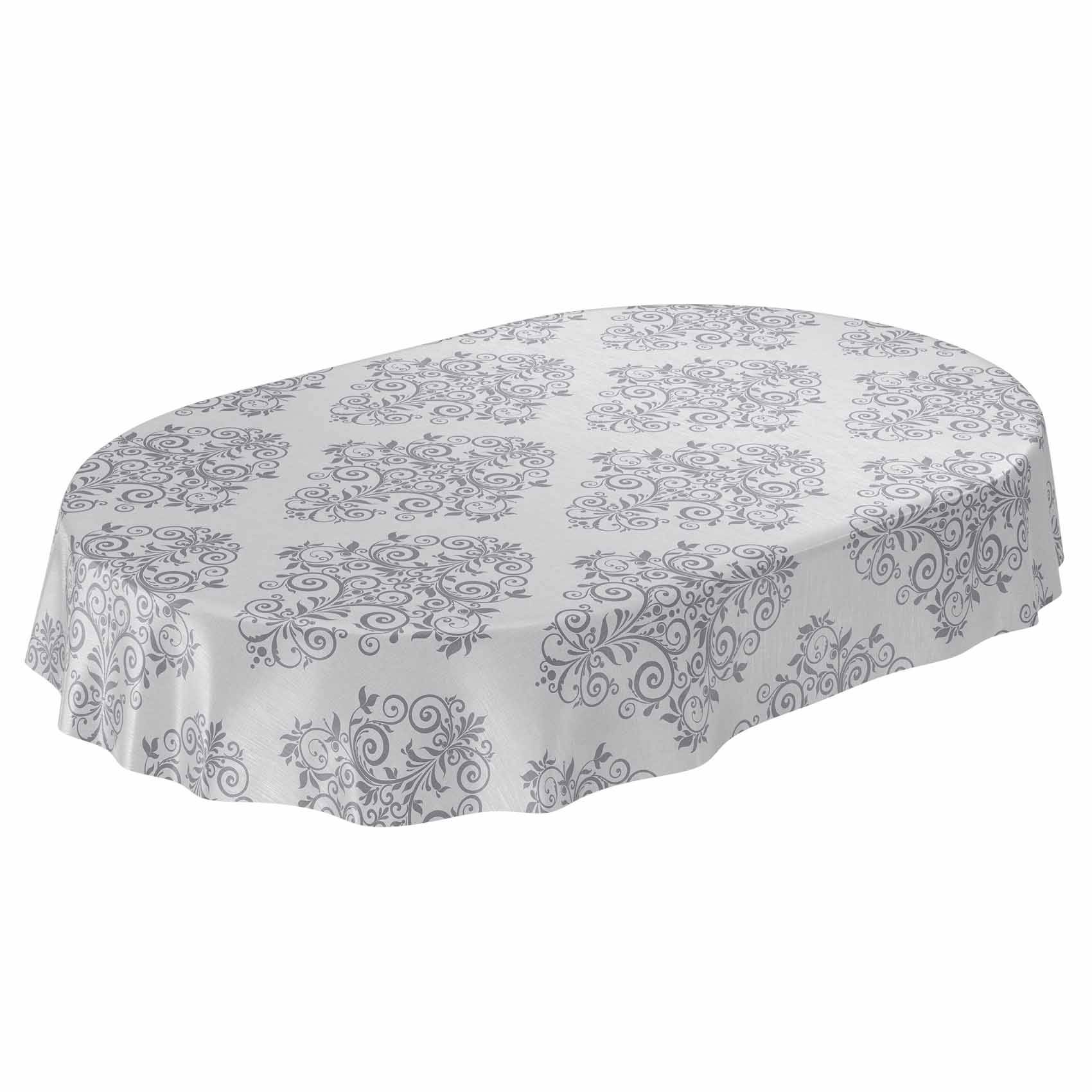 Ovale Tischdecke mit einem grauen dekorativen Damastmuster auf weißem Untergrund.