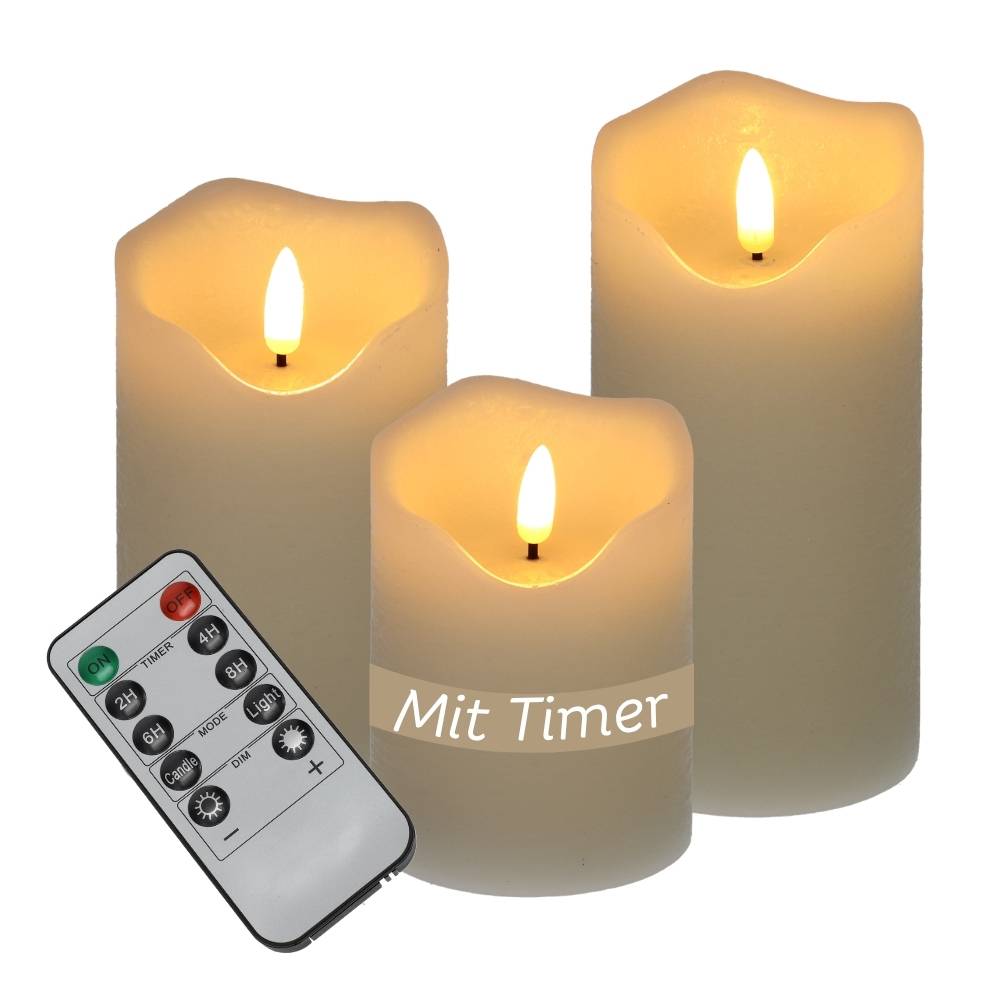3er Set LED Kerzen mit Timerfunktion Echtwachs Kerzen mit Fernbedienung LED Kerzen flackernde Flamme Weihnachtsdeko Elektrische Kerze Dimmbar Creme
