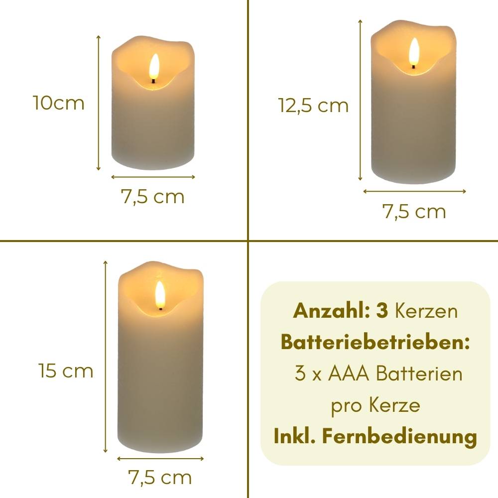 3er Set LED Kerzen mit Timerfunktion Echtwachs Kerzen mit Fernbedienung LED Kerzen flackernde Flamme Weihnachtsdeko Elektrische Kerze Dimmbar Creme