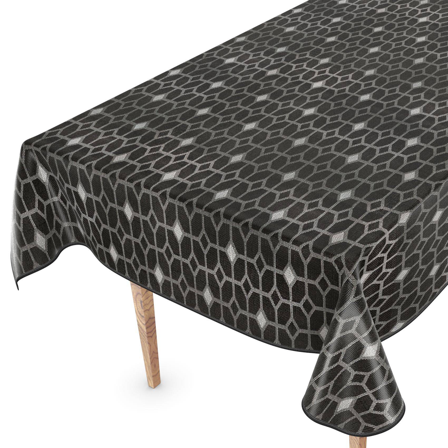 Schwarze geometrisch gemusterte Tischdecke, die über einem rechteckigen Tisch drapiert ist, mit einem sichtbaren Holzbein auf weißem Hintergrund.