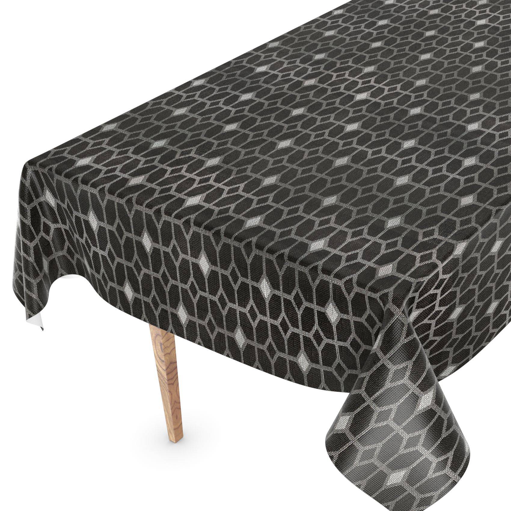 Rechteckiger Tisch mit einer dunklen Tischdecke mit geometrischem Muster, die über die Kanten eines Tisches mit sichtbarem Holzbein drapiert ist.