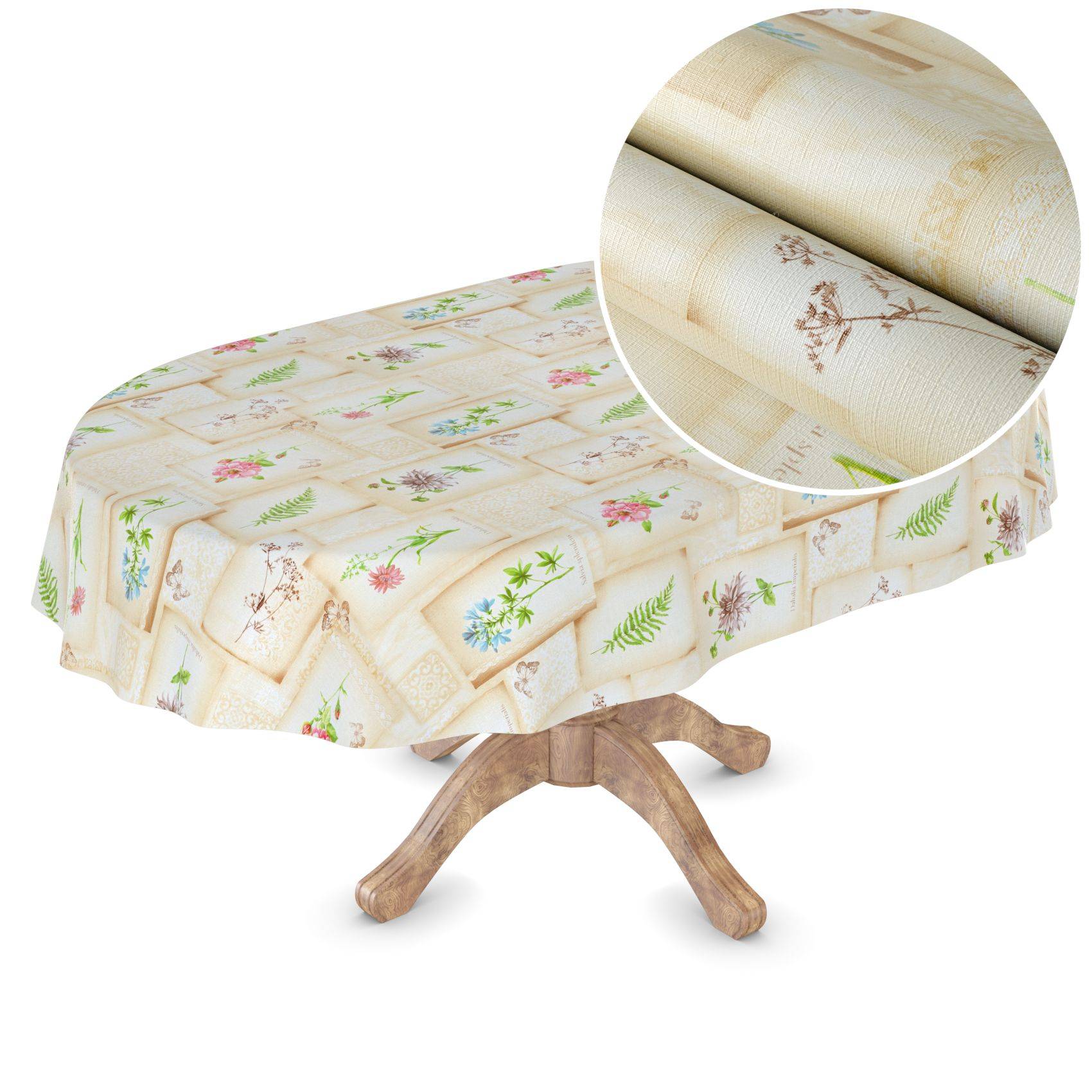 Runder Tisch mit einer cremefarbenen, floralen Tischdecke mit Muster, gezeigt mit einer Nahaufnahme des Stoffgewebes als Einsatz.