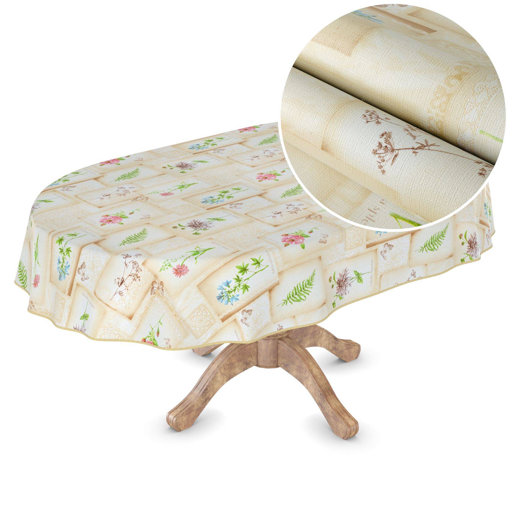 Rechteckiger Tisch mit einer blumenmustrigen elastischen Tischdecke bedeckt, gezeigt mit einer eingefügten Nahaufnahme der Stoffstruktur und des Drucks.