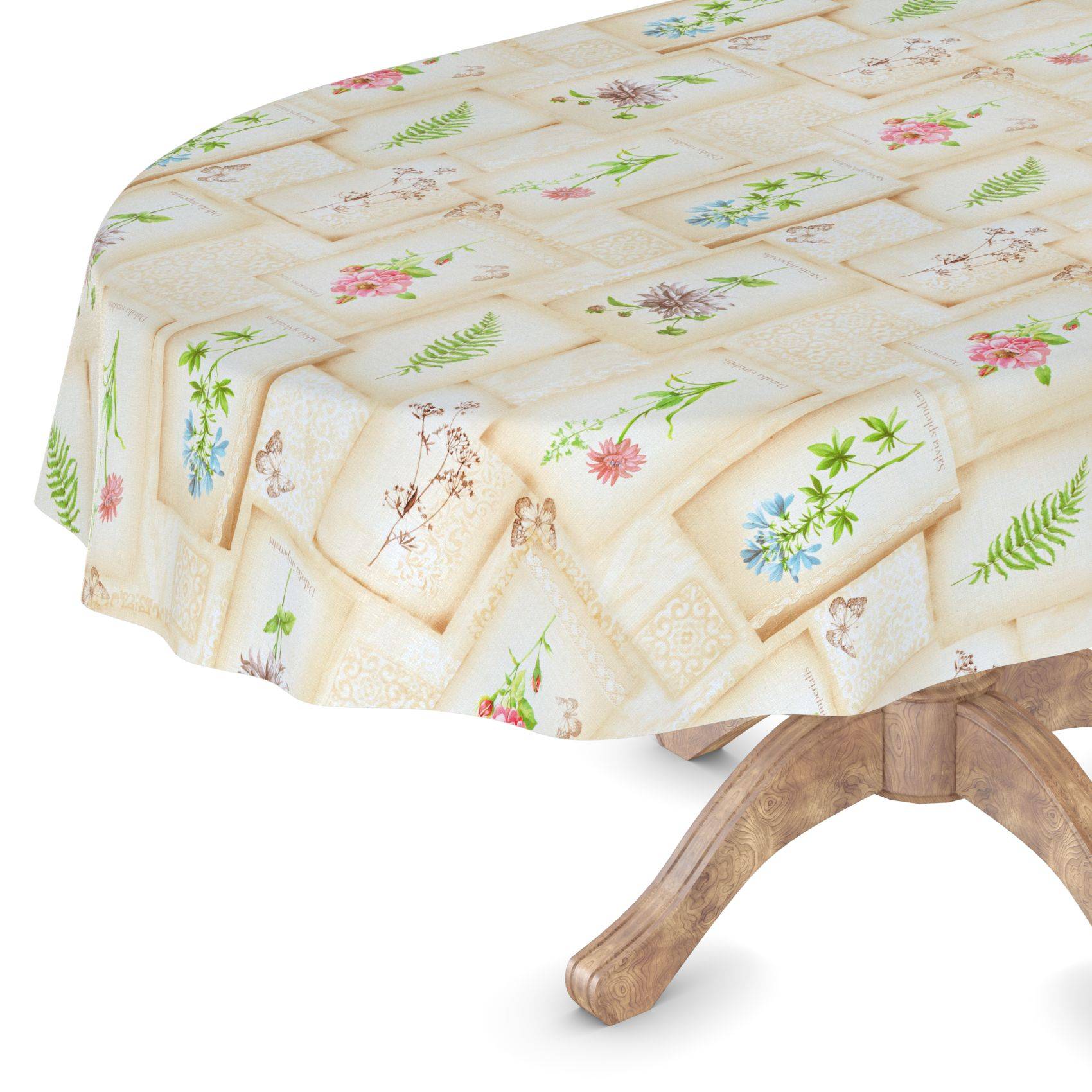 Runder Tisch mit einer cremefarbenen Tischdecke mit Blumenmuster, unter dem auf weißem Hintergrund ein hölzernes Säulenbein sichtbar ist.