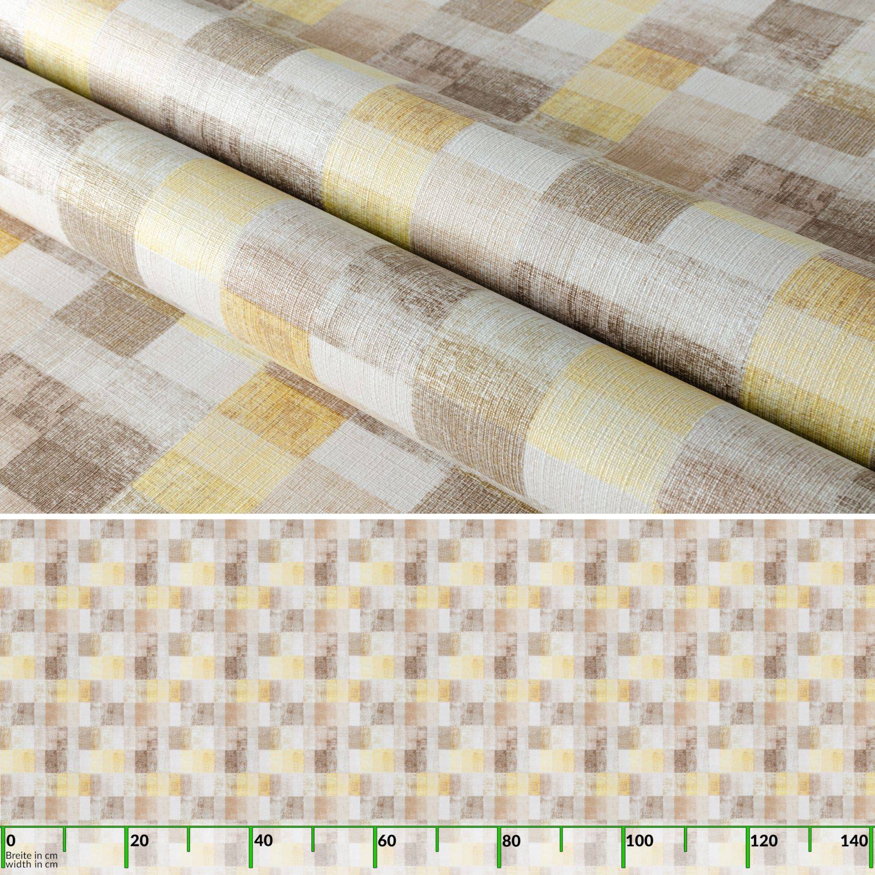 Beige, creme und hellgelbe Karokachestapete mit gewebtem Strukturmuster, gezeigt in aufgerollten Mustern über einem flachen Vorschaustreifen.