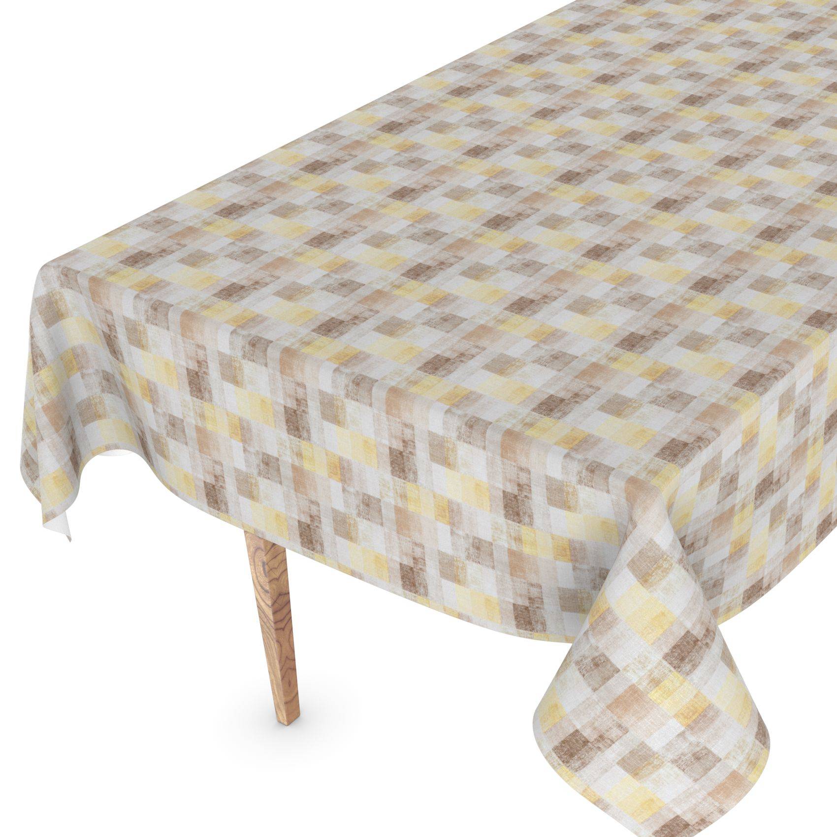 Rechteckiger Tisch mit einer beige, gelb und grau karierten Tischdecke, die über die Kanten drapiert ist, vor einem weißen Hintergrund.
