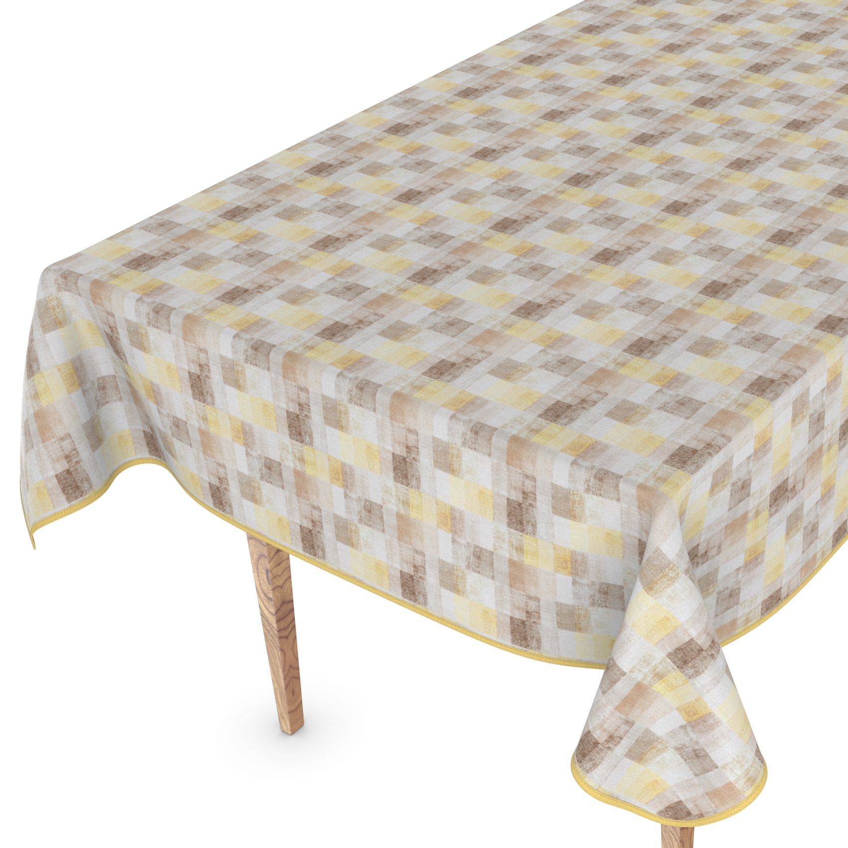 Rechteckiger Tisch mit beige-gelbkarierter Tischdecke mit abgerundeten Falten und gelbem Saum.