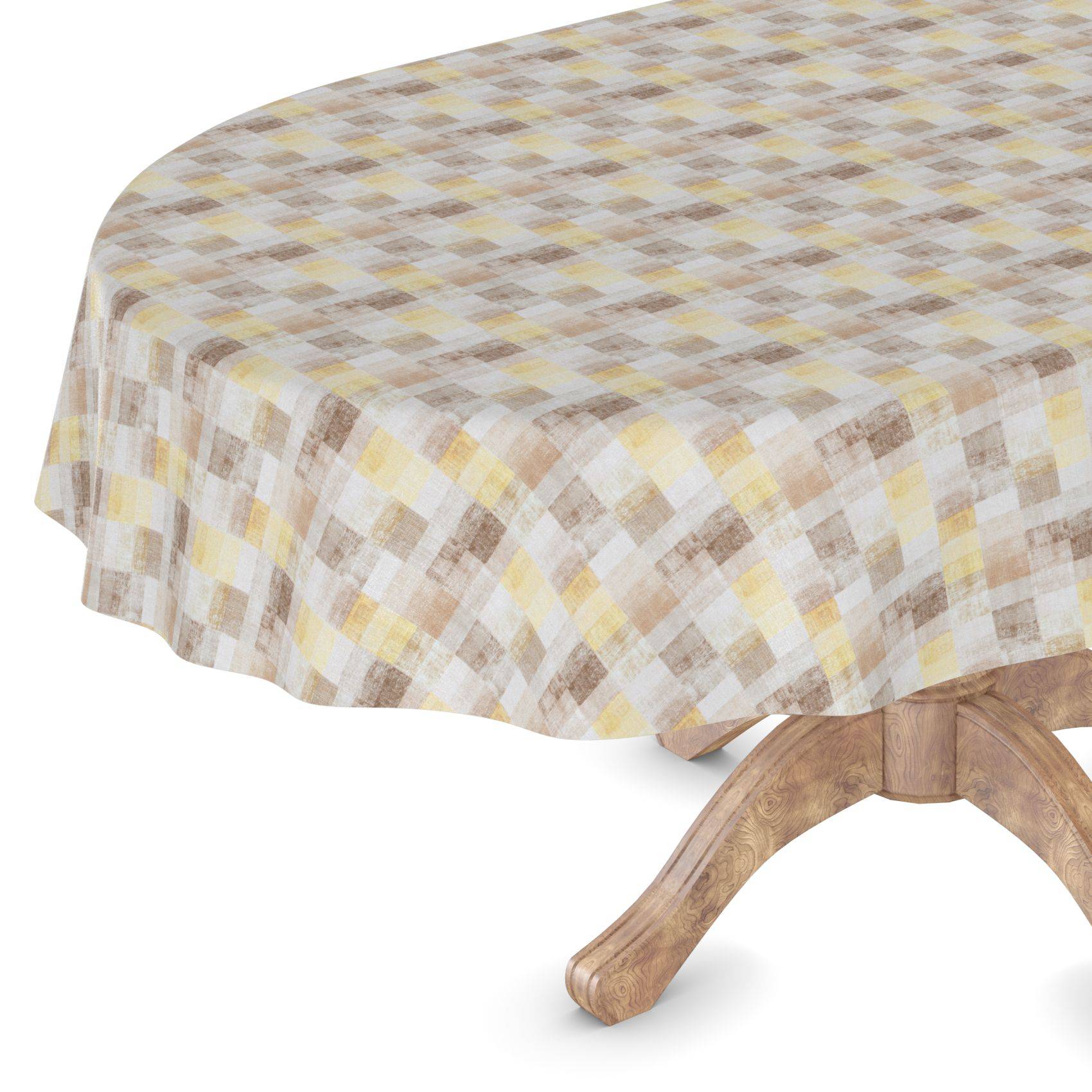 Tisch mit einer beige und braun karierten Tischdecke bedeckt, unter der ein hölzernes Säulenbein sichtbar ist.