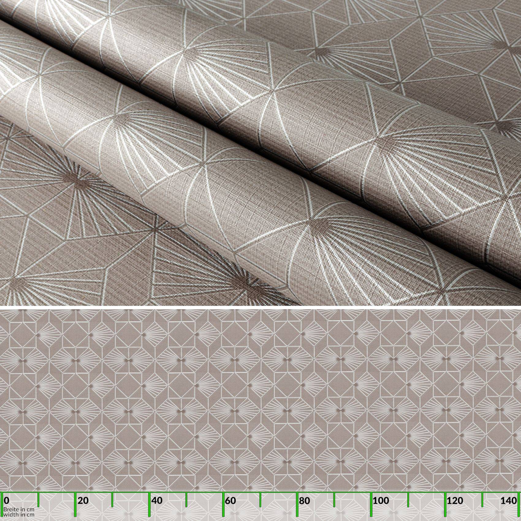 Gerollte graubeige strukturierte Tapete mit einem geometrischen Starburst-Muster in Nahaufnahme, mit einem kleinen Linealmaßstab am unteren Rand zur Größenreferenz.