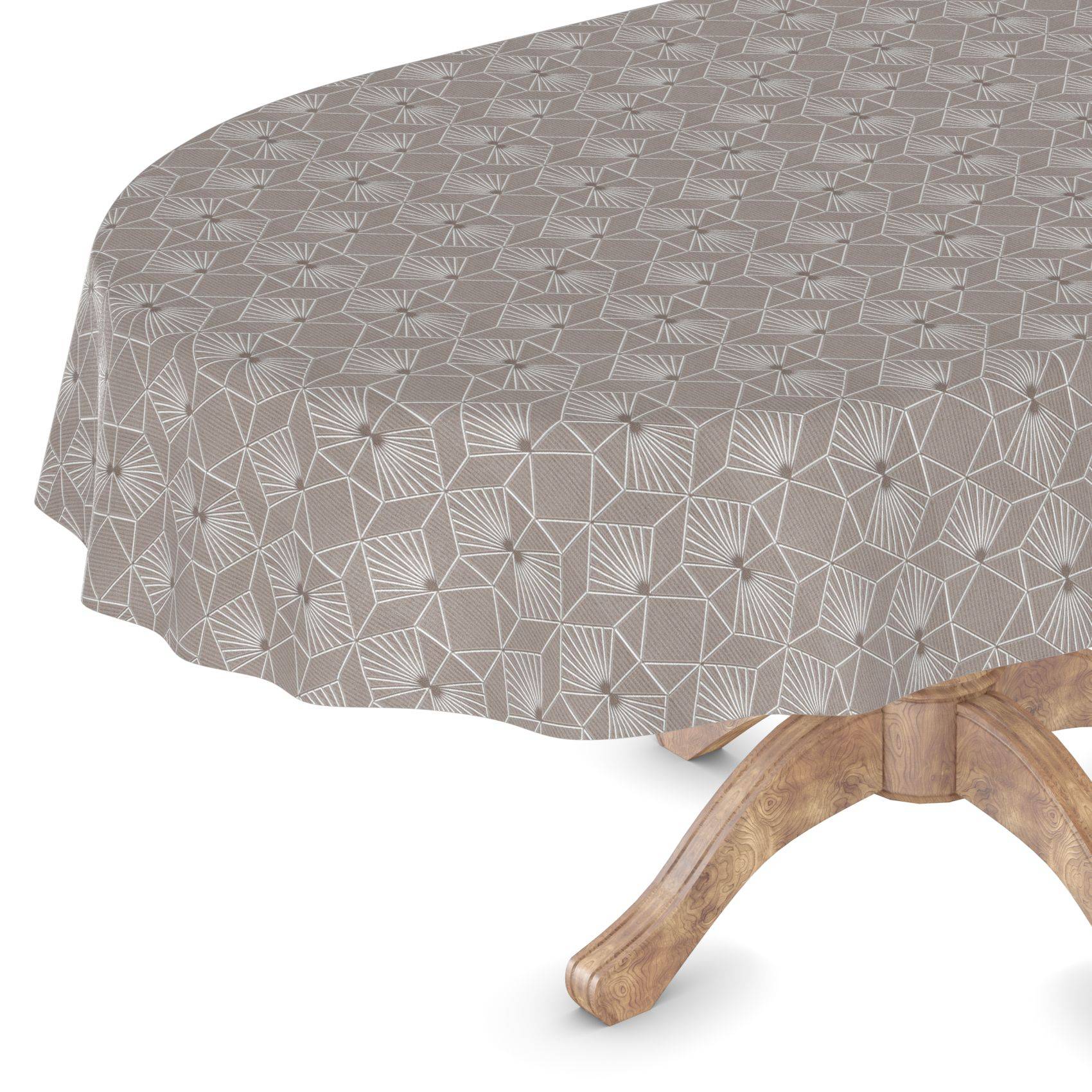 Runder Tisch mit einer grau gemusterten geometrischen Tischdecke, mit einer sichtbaren hölzernen Sockelbasis darunter.