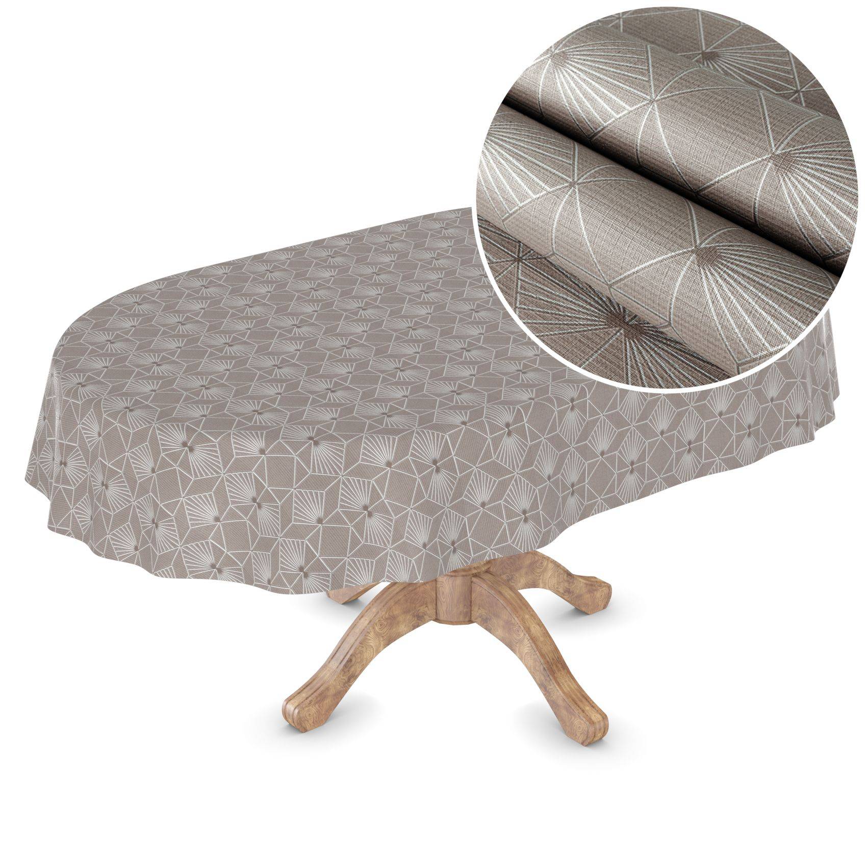 Runder Tisch mit beige gemusterter geometrischer Tischdecke; eingefügte Nahaufnahme zeigt die Stoffstruktur und gefaltete Kante.