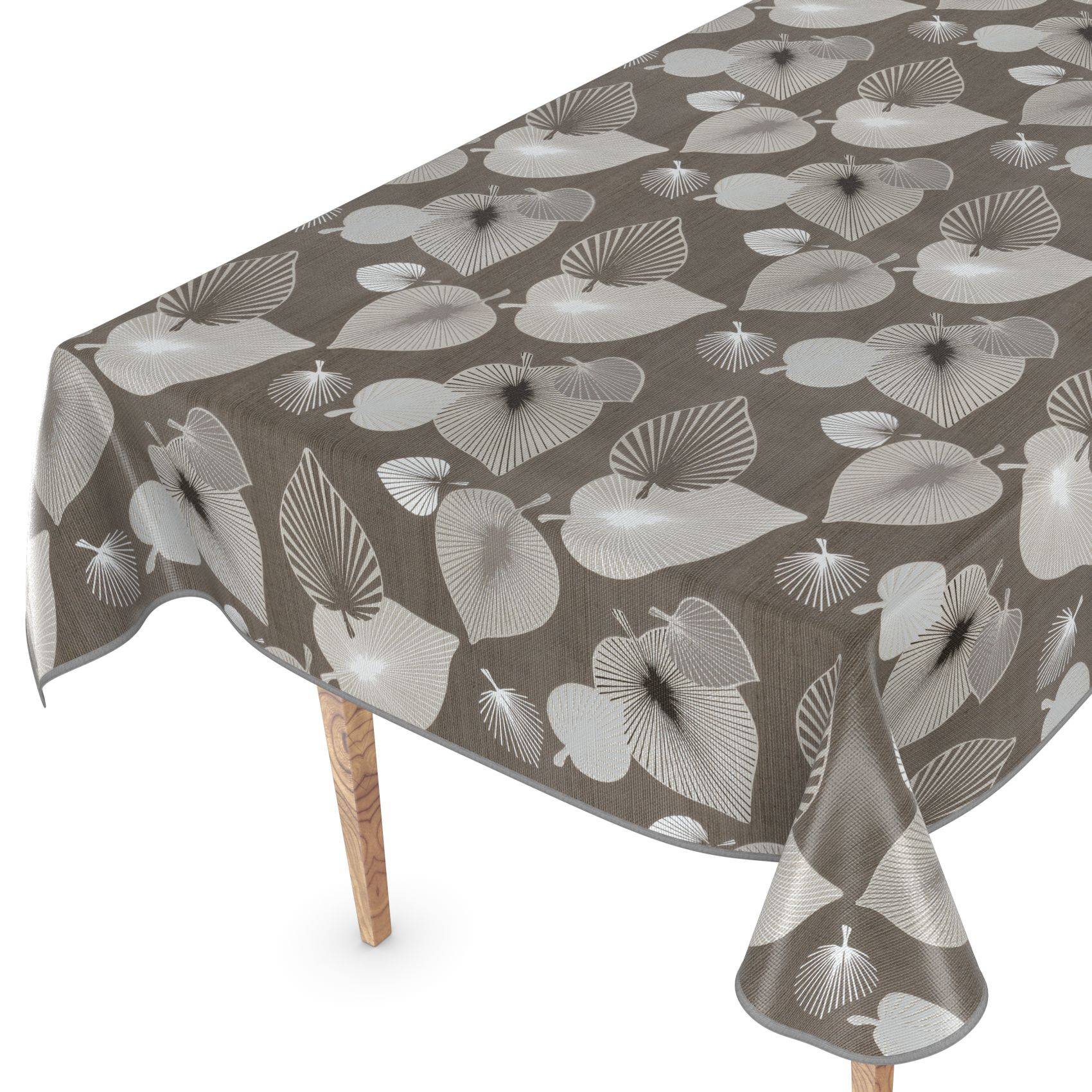 Rechteckiger Tisch mit einer grauen Tischdecke mit floralem Muster, die über die Kanten drapiert ist, mit einem sichtbaren Holztischbein.