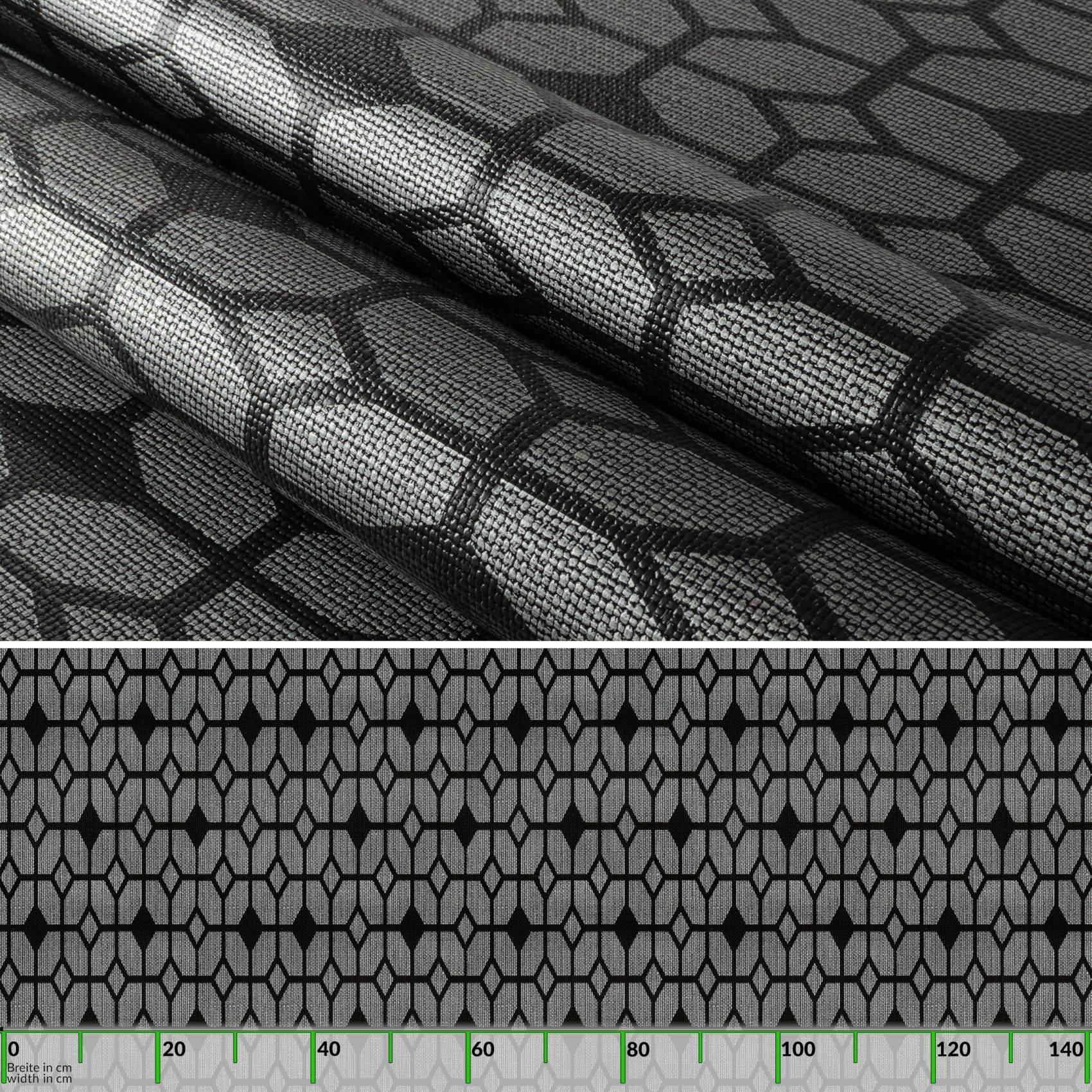 Grau- und schwarzgemusterter geometrischer Schlangenhaut-Stoff in Nahaufnahme, mit einem wiederholten Diamantgitter-Druckmuster darunter.