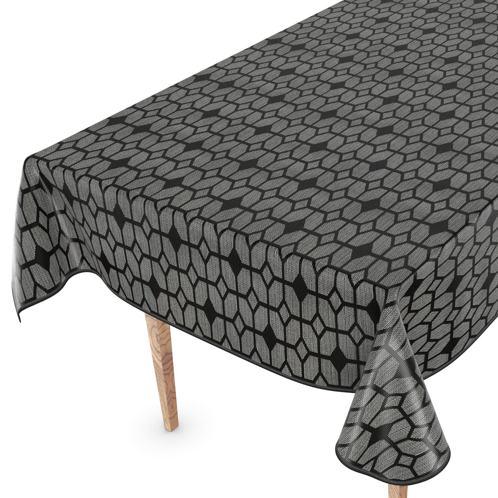 Grau gemustertes Tischtuch, das über einen rechteckigen Tisch drapiert ist, mit einem sichtbaren Holzbein vor weißem Hintergrund.