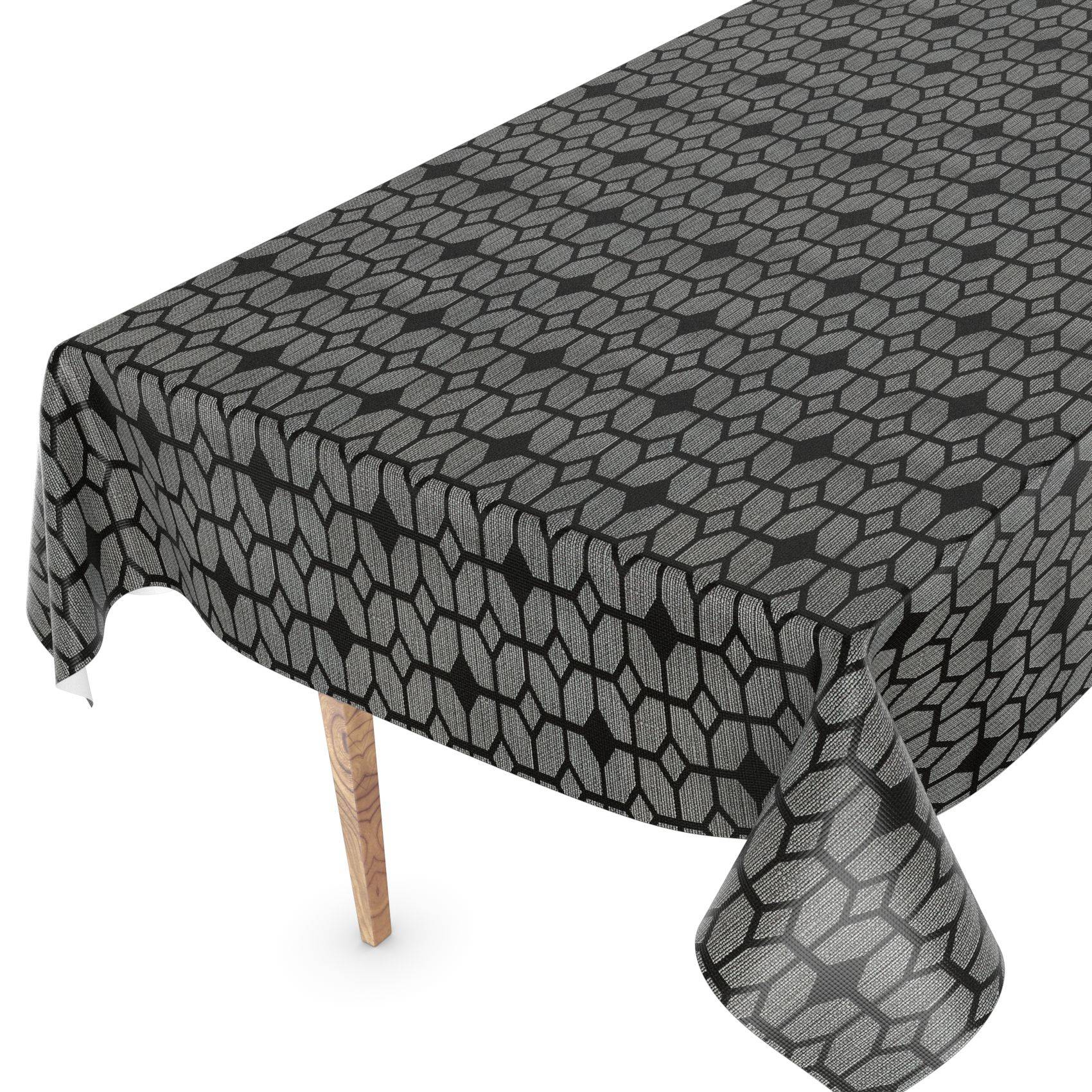 Grau gemustertes Tischtuch, das über einen rechteckigen Tisch mit einem sichtbaren Holzbein auf weißem Hintergrund drapiert ist.