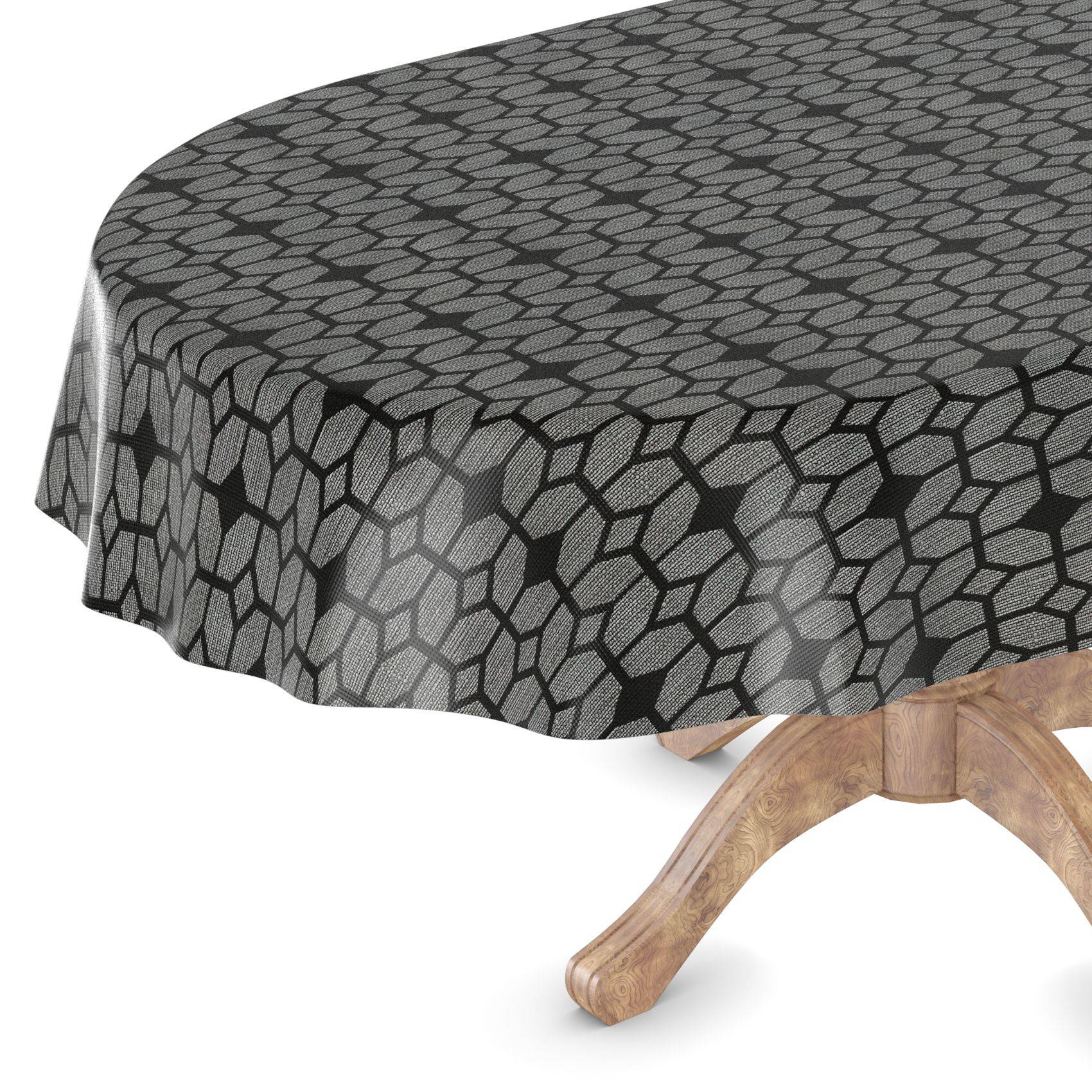 Runder Tisch mit grauem geometrisch gemustertem Tischtuch, dargestellt mit einem Holzsockelfuß darunter.