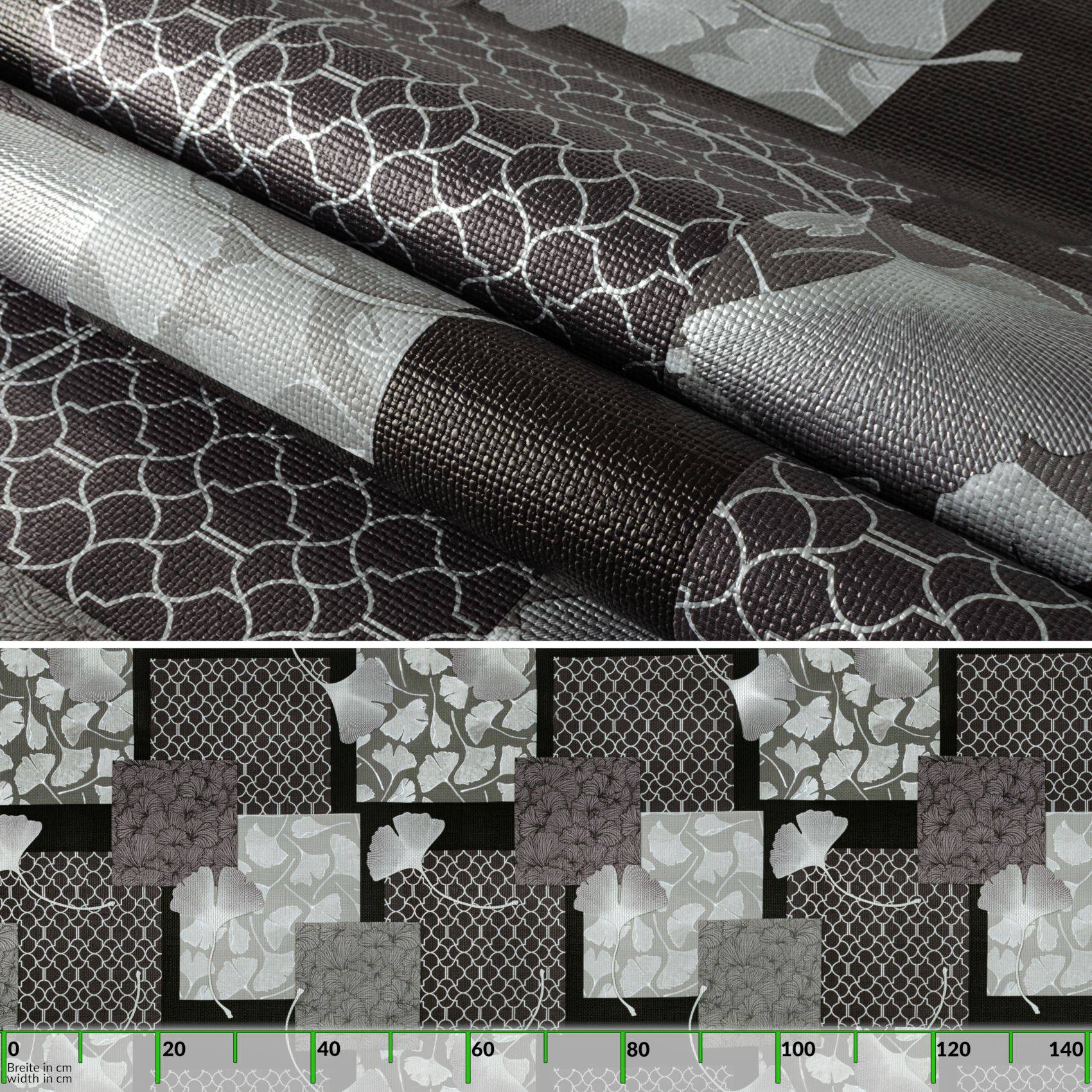 Musterrollen und Farbmuster von gemusterter Tapete in Grau-, Schwarz- und Silbertönen, die geometrische und florale Designs zeigen, mit einer Farbskala am unteren Rand.