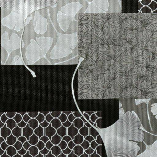 Abstrakte Collage aus überlagernden Papierquadraten in Schwarz, Grau und Weiß mit Blumen- und Gittermustern auf einem dunkel strukturierten Hintergrund.