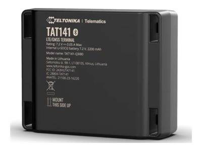 Schwarzes Teltonika TAT141 Telematics-Endgerät mit gedruckten Spezifikationen und Montageanleitung auf seinem Gehäuse.
