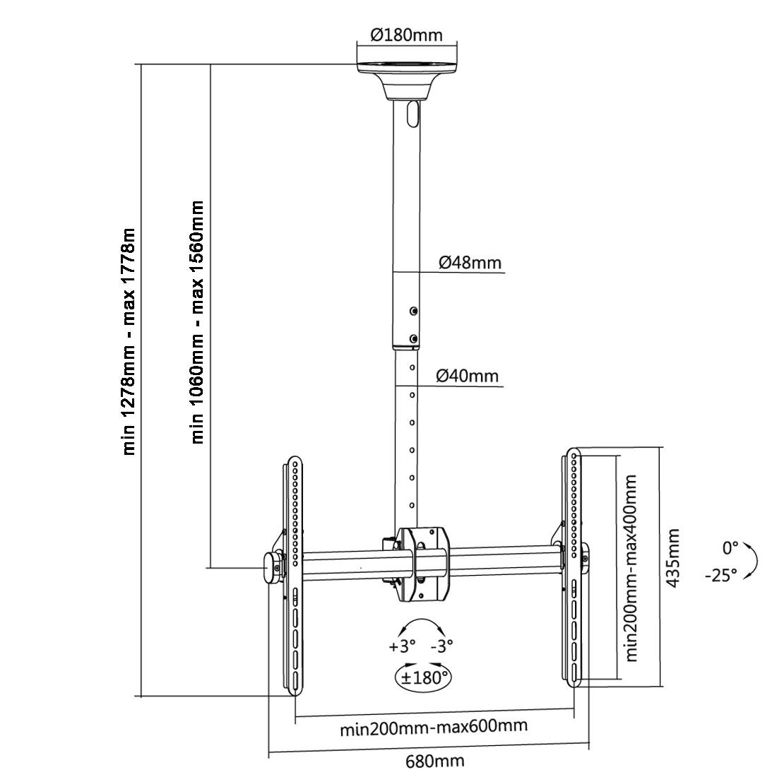 # Technisches Diagramm einer Deckenhalterung für Fernseher mit einstellbaren Abmessungen, einschließlich Breite, Stangenlänge, Bildschirmhöhenbereich und Neigungswinkel.