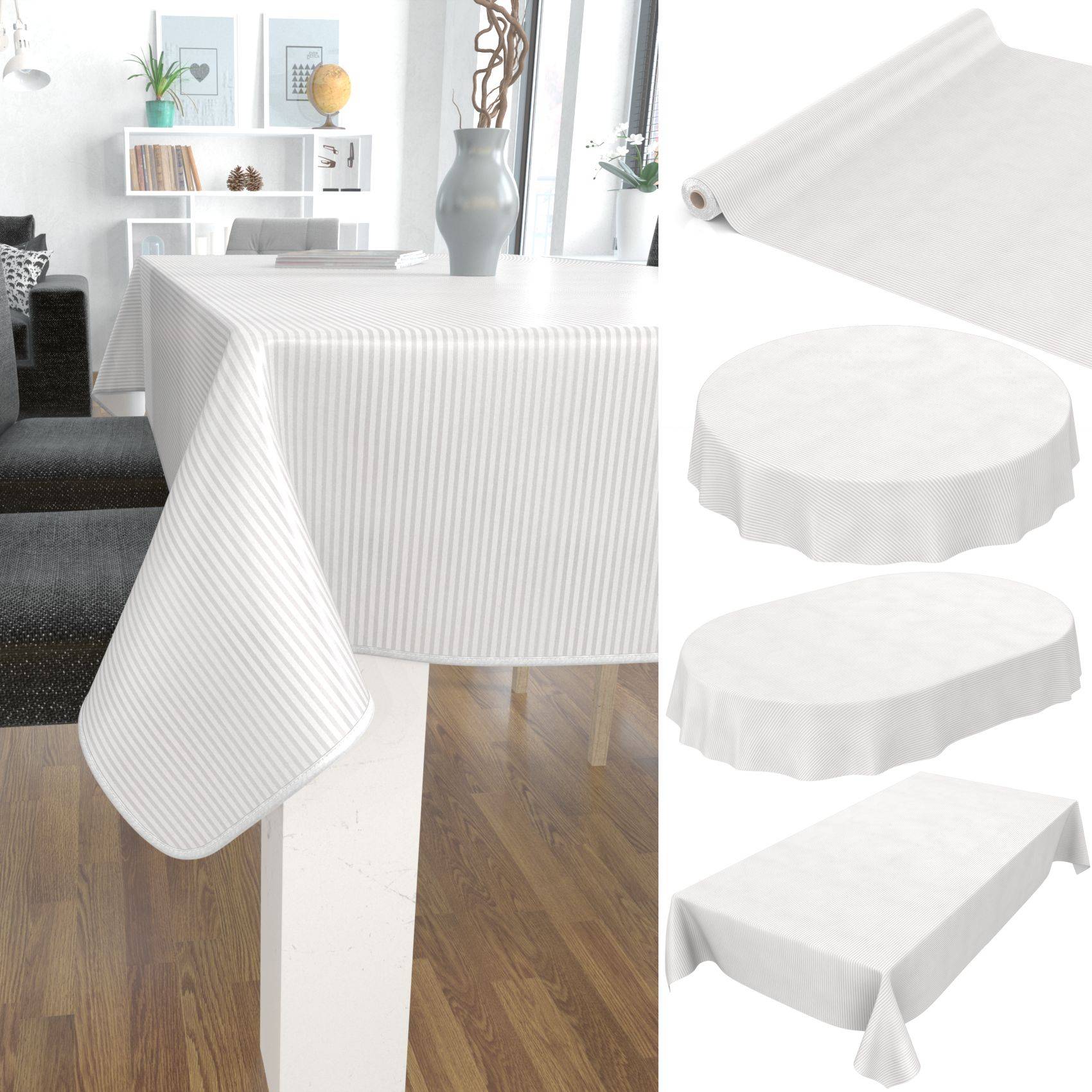 Weiße gestreifte Tischdecke drapiert über einem Esstisch, mit eingesetzten Beispielen, wie dieselbe Decke für runde, ovale und rechteckige Tische passt.