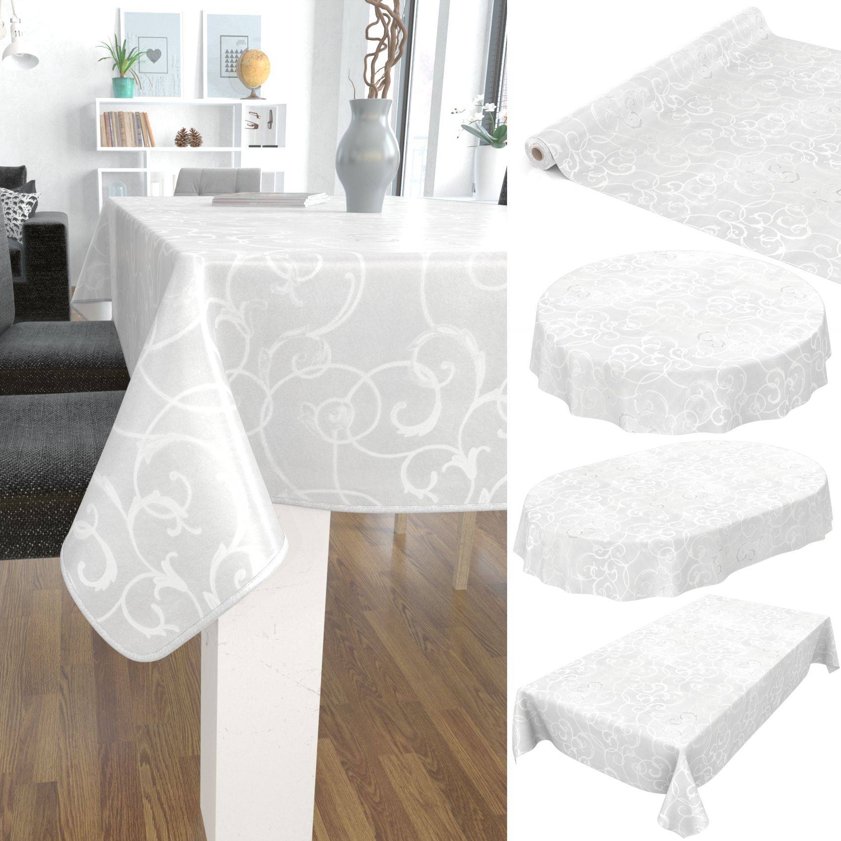 Weiße Tischdecke mit Spitzenmuster, die über einen Esstisch drapiert ist, gezeigt in runder, ovaler und rechteckiger Form in einem hell erleuchteten Wohnzimmer.