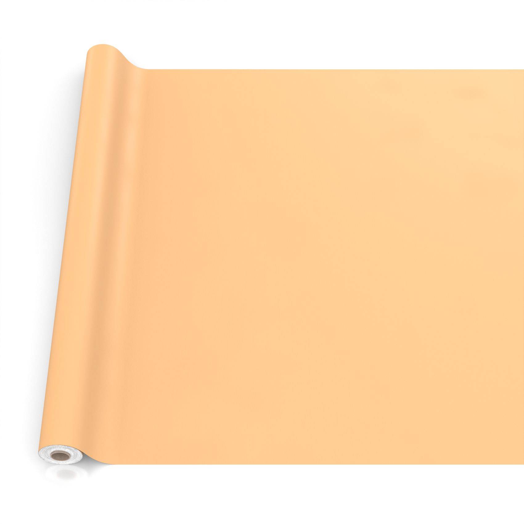 Ein aufgerolltes Blatt aus hellorgangenem Papier oder Stoff auf weißem Hintergrund.