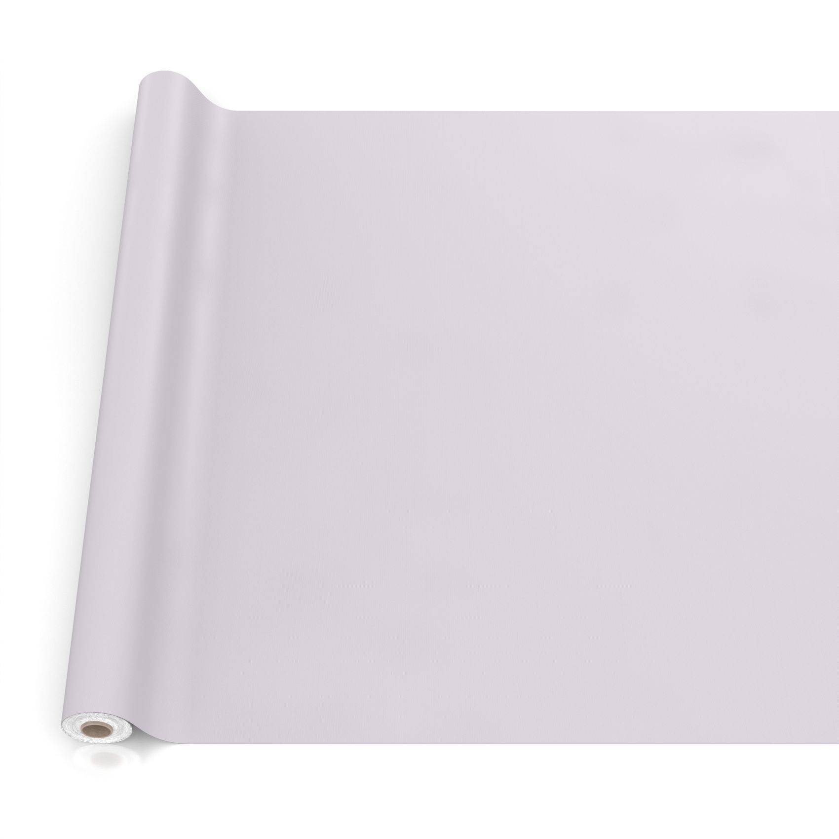 Rolle aus hellem Lavendelwallpaper oder Geschenkpapier auf weißem Hintergrund, teilweise abgerollt dargestellt.