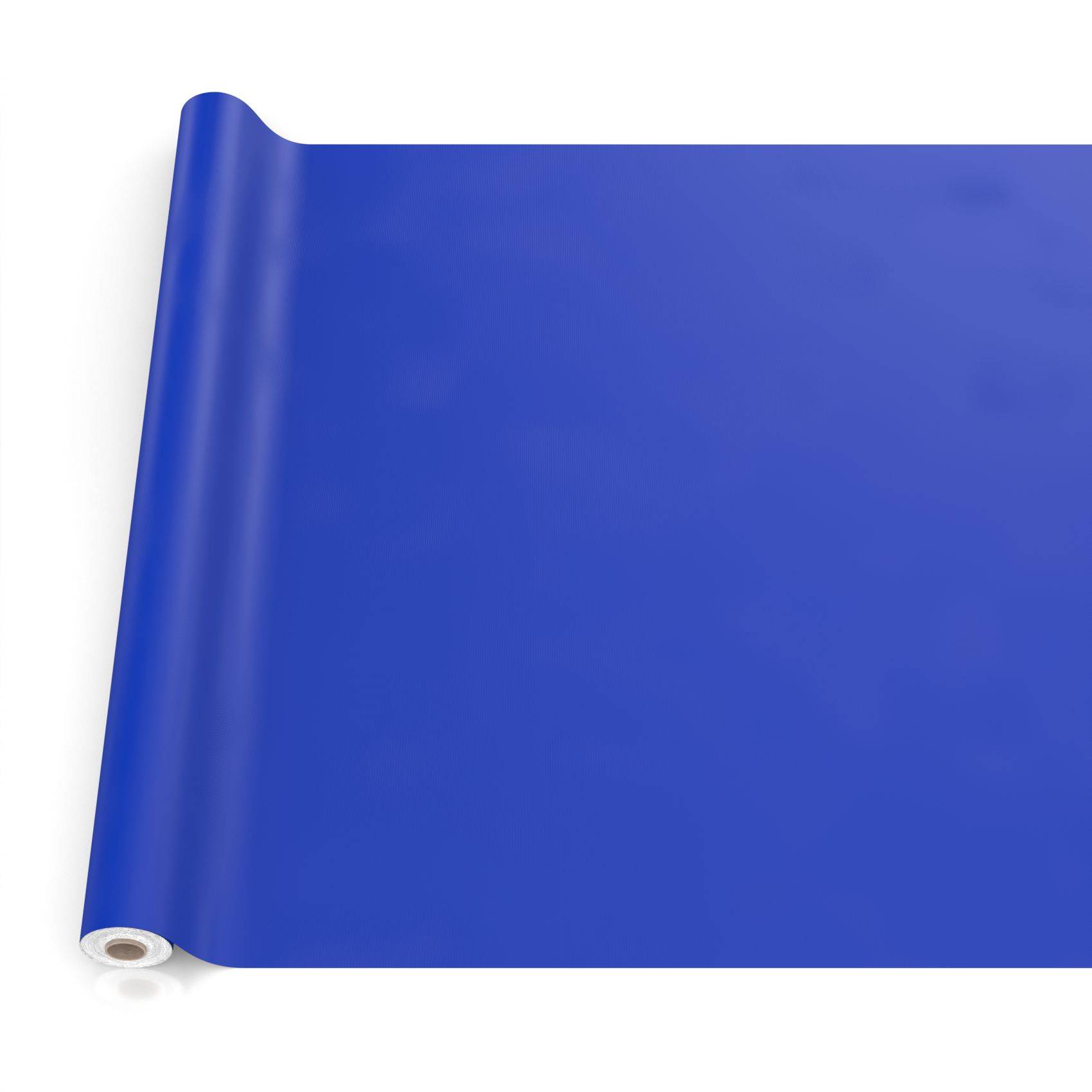 Aufgerolltes blaues Vinyl-Banner oder -Blatt auf weißem Hintergrund, teilweise ausgerollt dargestellt.