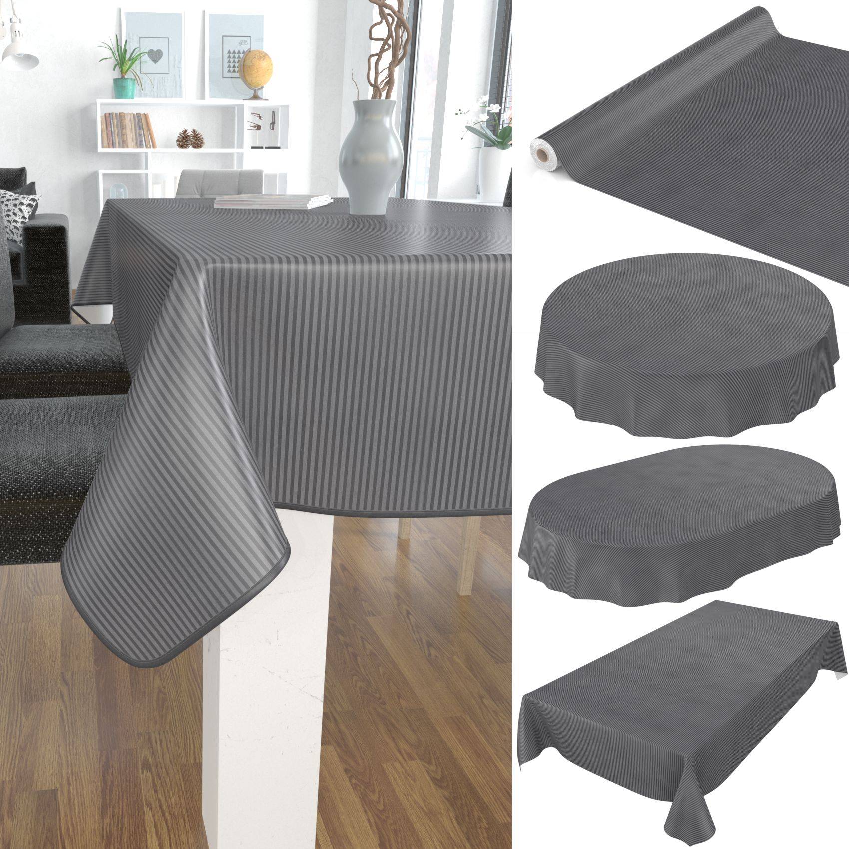 Graue Tischdecke auf einem Esstisch gezeigt, mit eingefügten Beispielen des gleichen Tuchs in runden und rechteckigen Größen und einer Rolle Material.