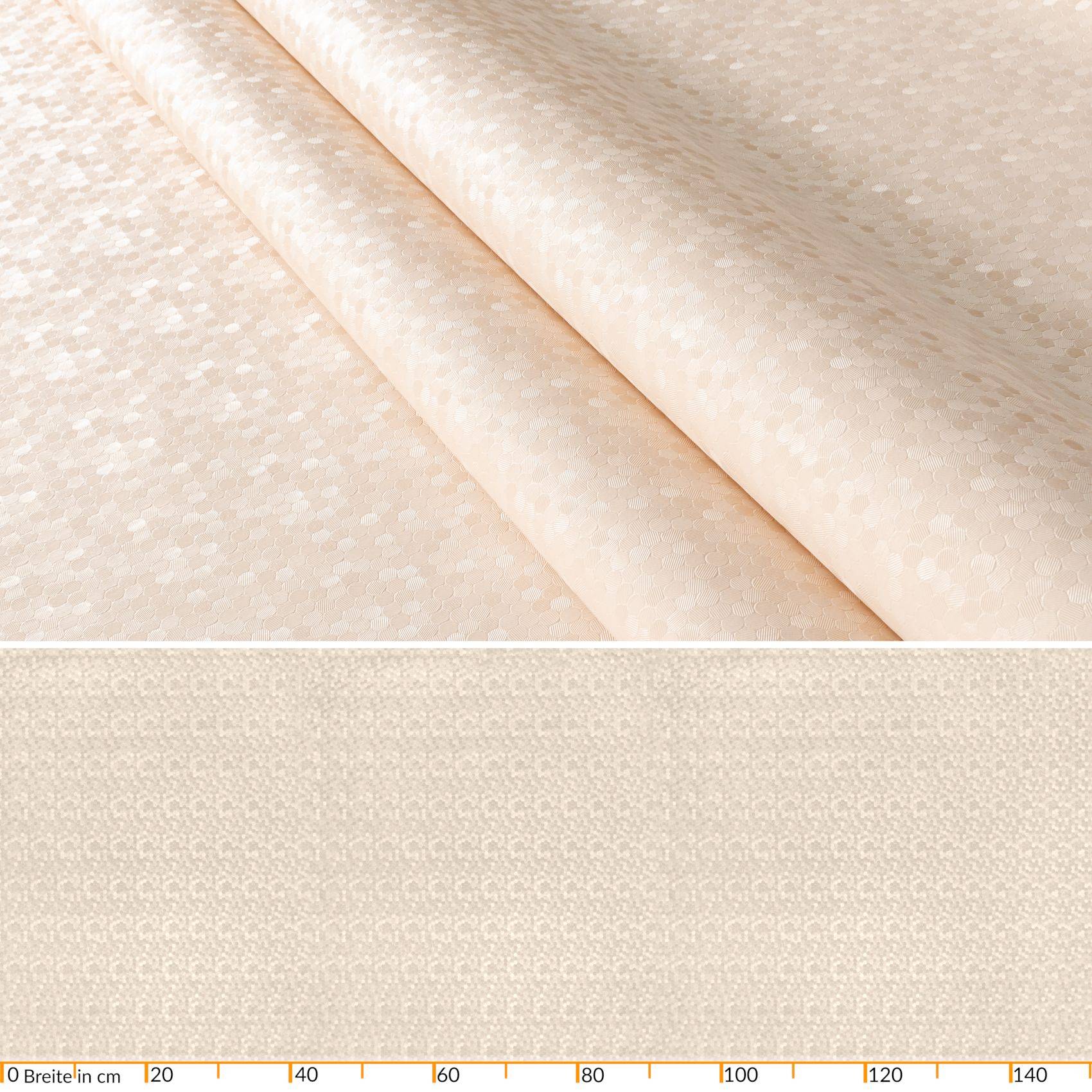 Stofftexturmuster mit einem weichen creme-beigen Muster und diagonalen Falten über einer flachen Musterprobe mit Zentimeter-Beschriftung entlang der Unterseite.