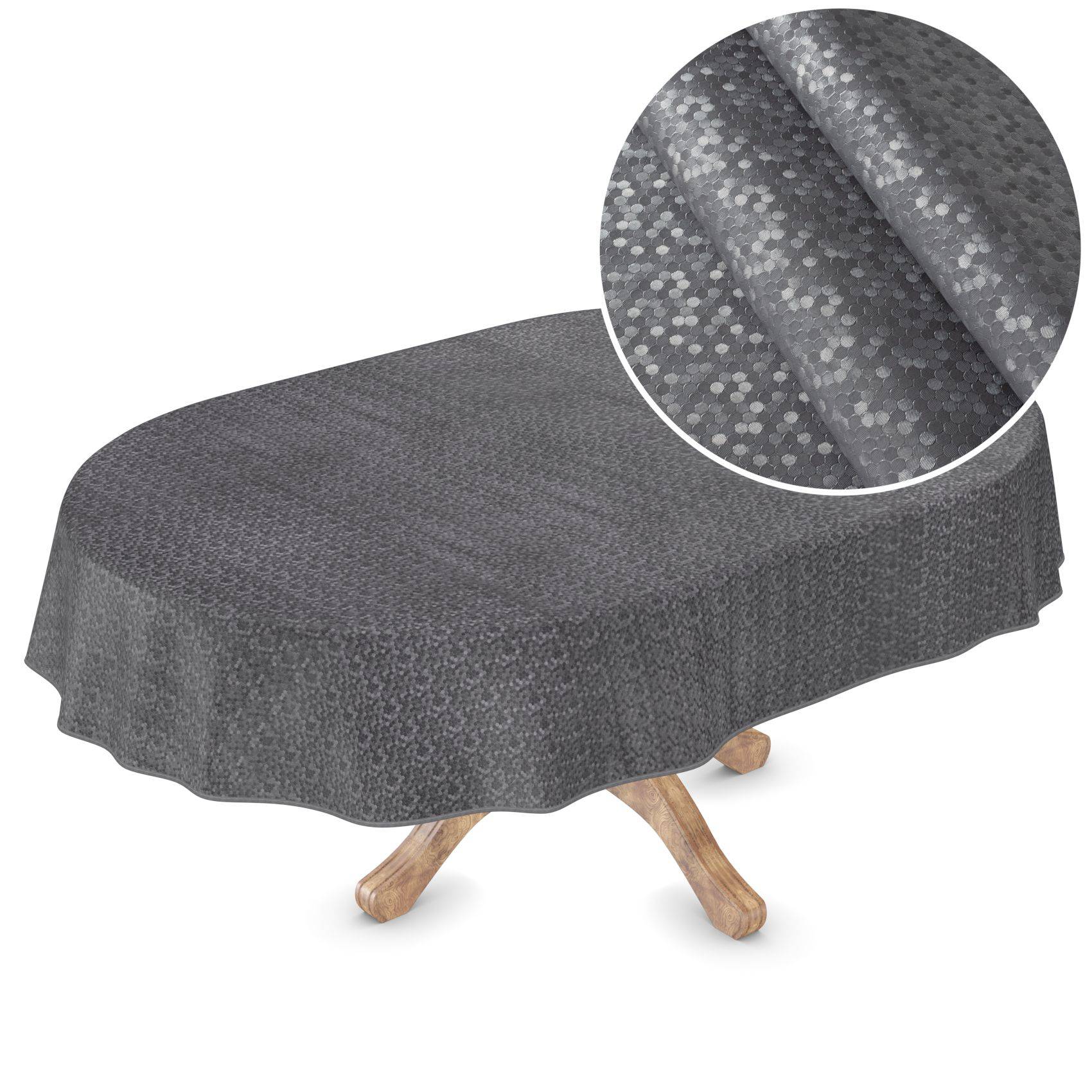 Runde graukarierte Tischdecke, über einen kleinen runden Tisch drapiert, mit einer Vergrößerung, die die Gewebestruktur im Detail zeigt.