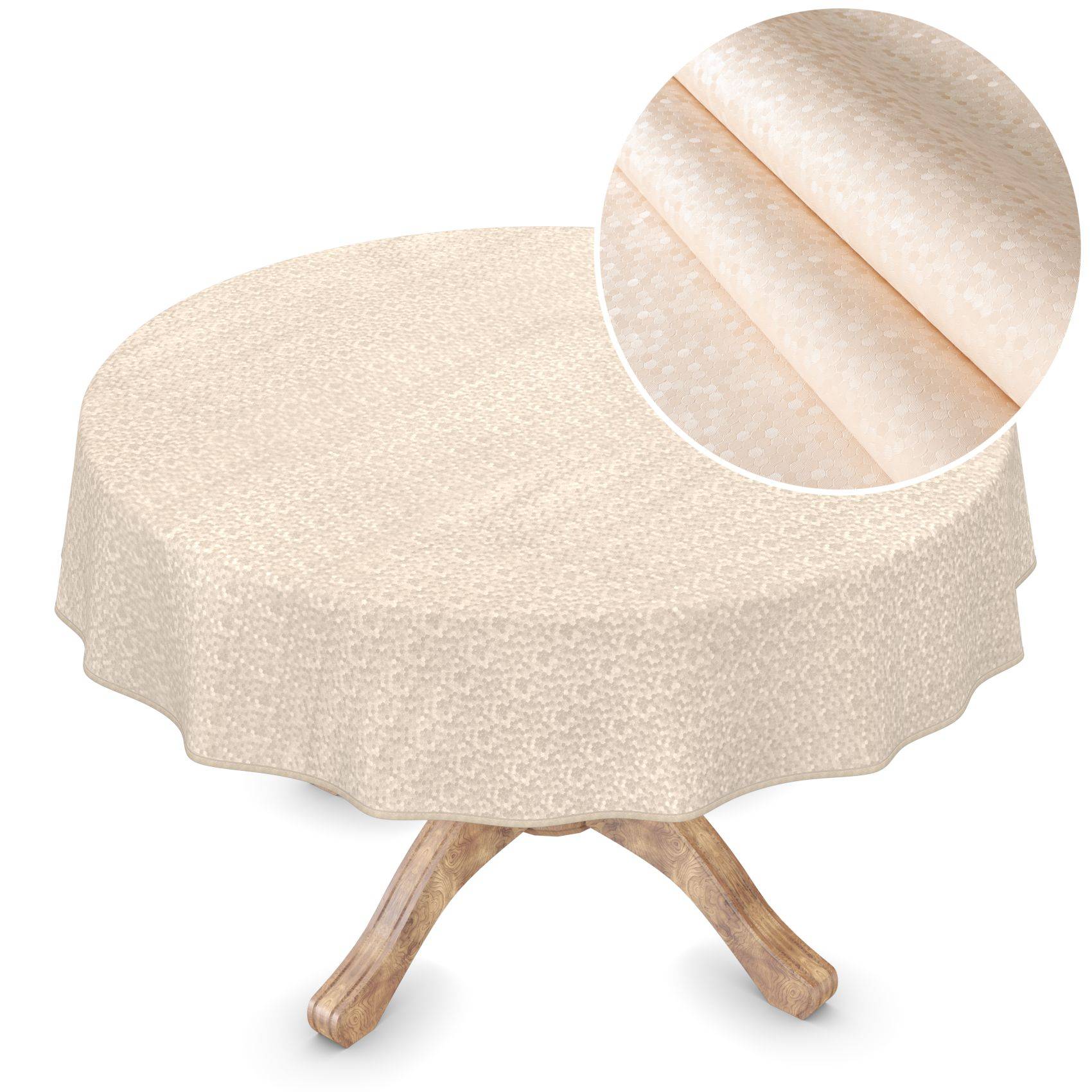 ANRO Tischdecke Punkte Creme Ø 150 cm rund mit Paspelband Damast-Wachstuch abwaschbar