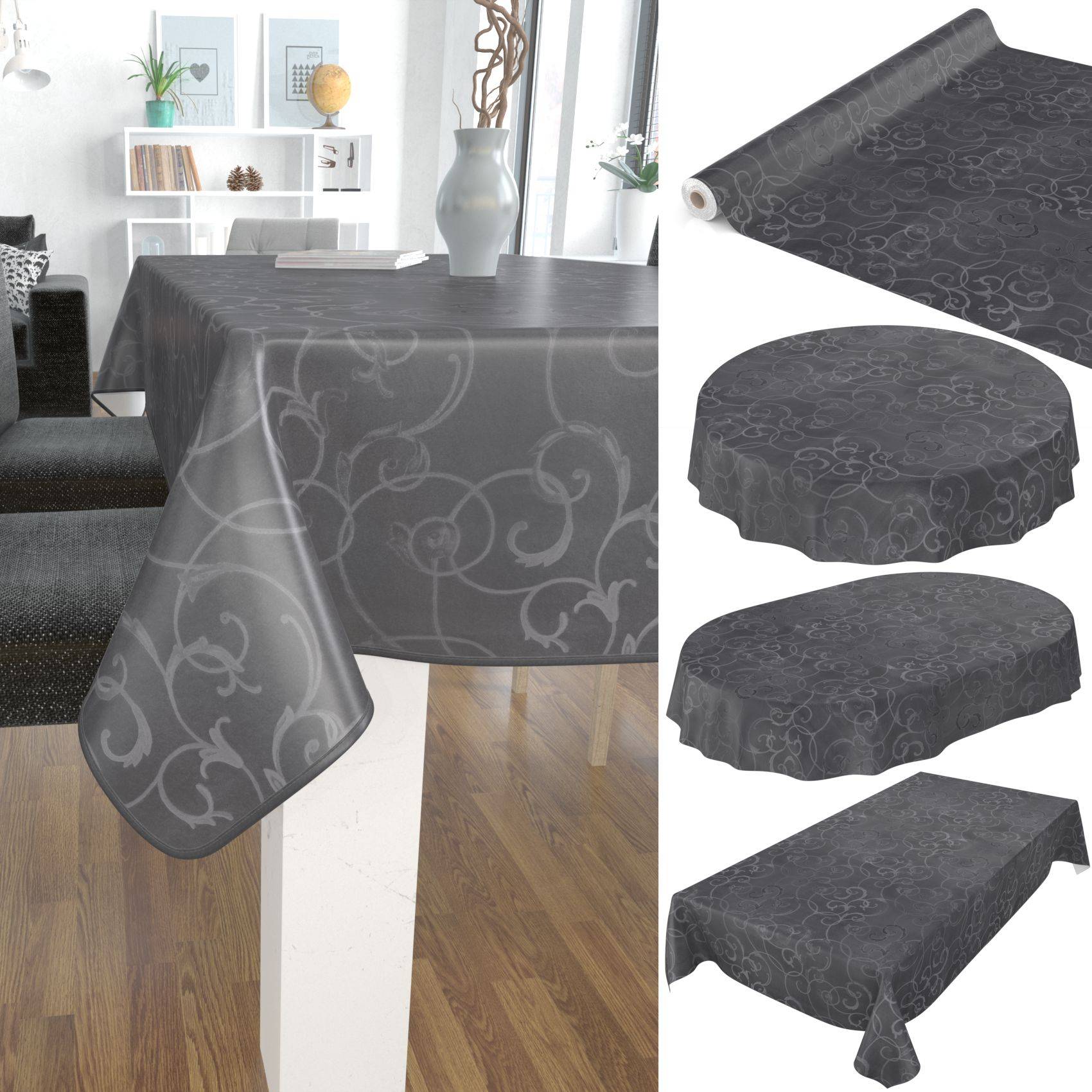 Dunkelgraue gemusterte Tischdecke, die auf einem Esstisch dargestellt ist, mit Detailansichten des Stoffes, der über runde, ovale und rechteckige Tischformen drapiert ist.
