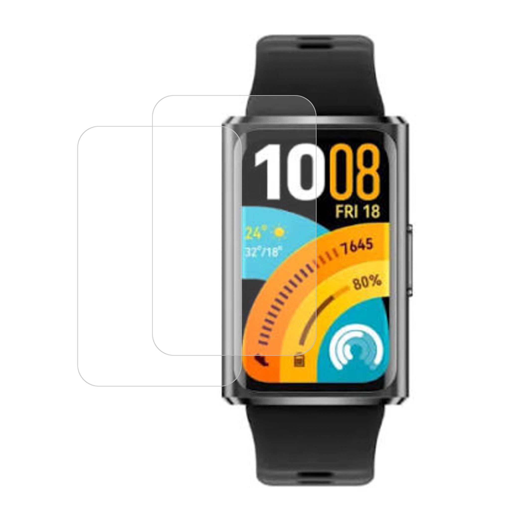 Schwarze Smartwatch mit farbigem digitalen Display, das 10:08, Freitag 18, Wettersymbole und Batteriestatus-Symbole anzeigt.